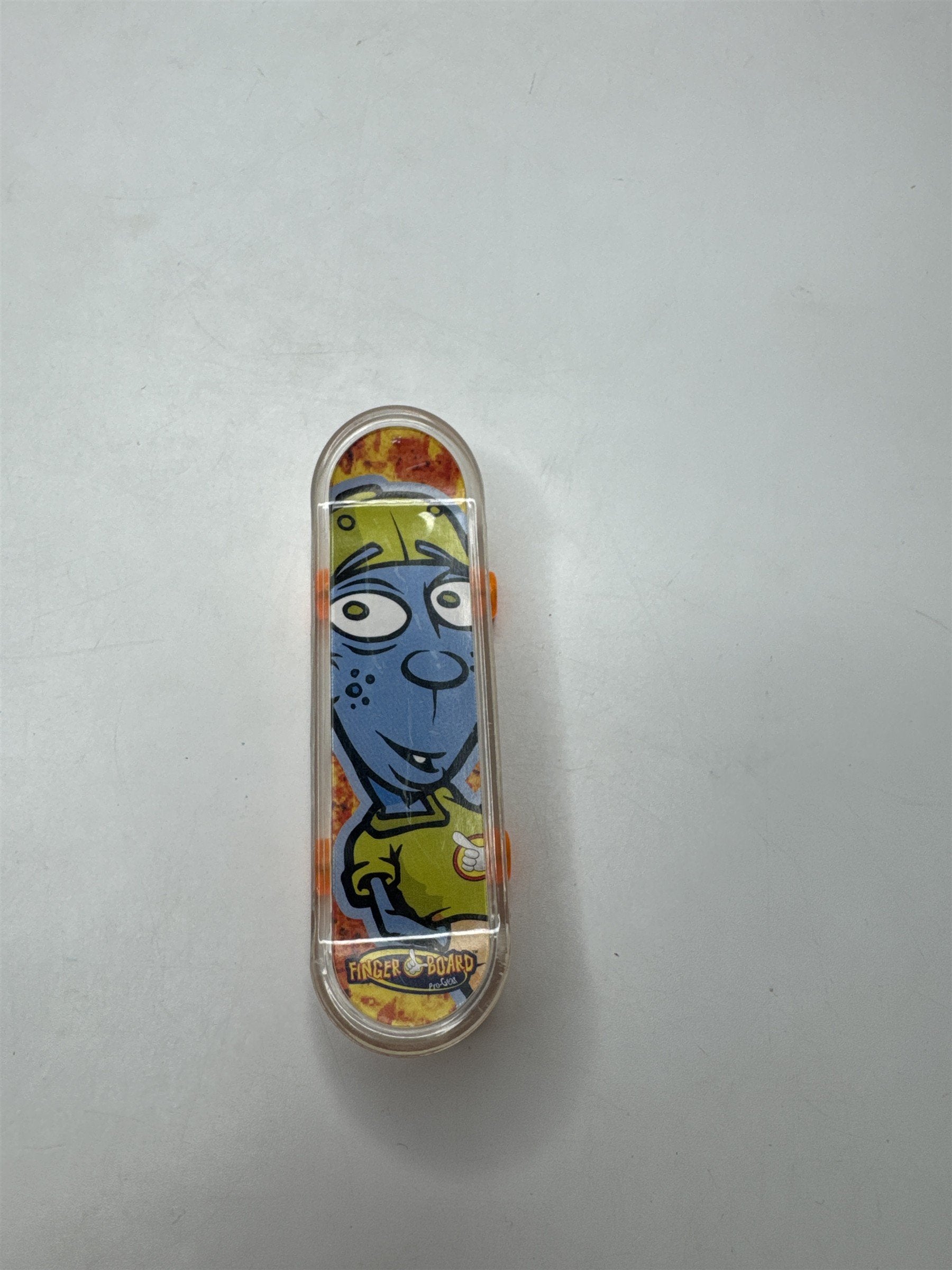 Vintage Finger Board Toy Mini Skateboard Clear Trucks Orange Wheels Cartoon Head