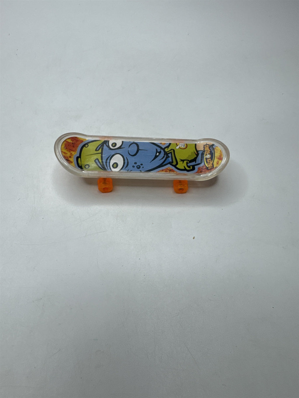 Vintage Finger Board Toy Mini Skateboard Clear Trucks Orange Wheels Cartoon Head