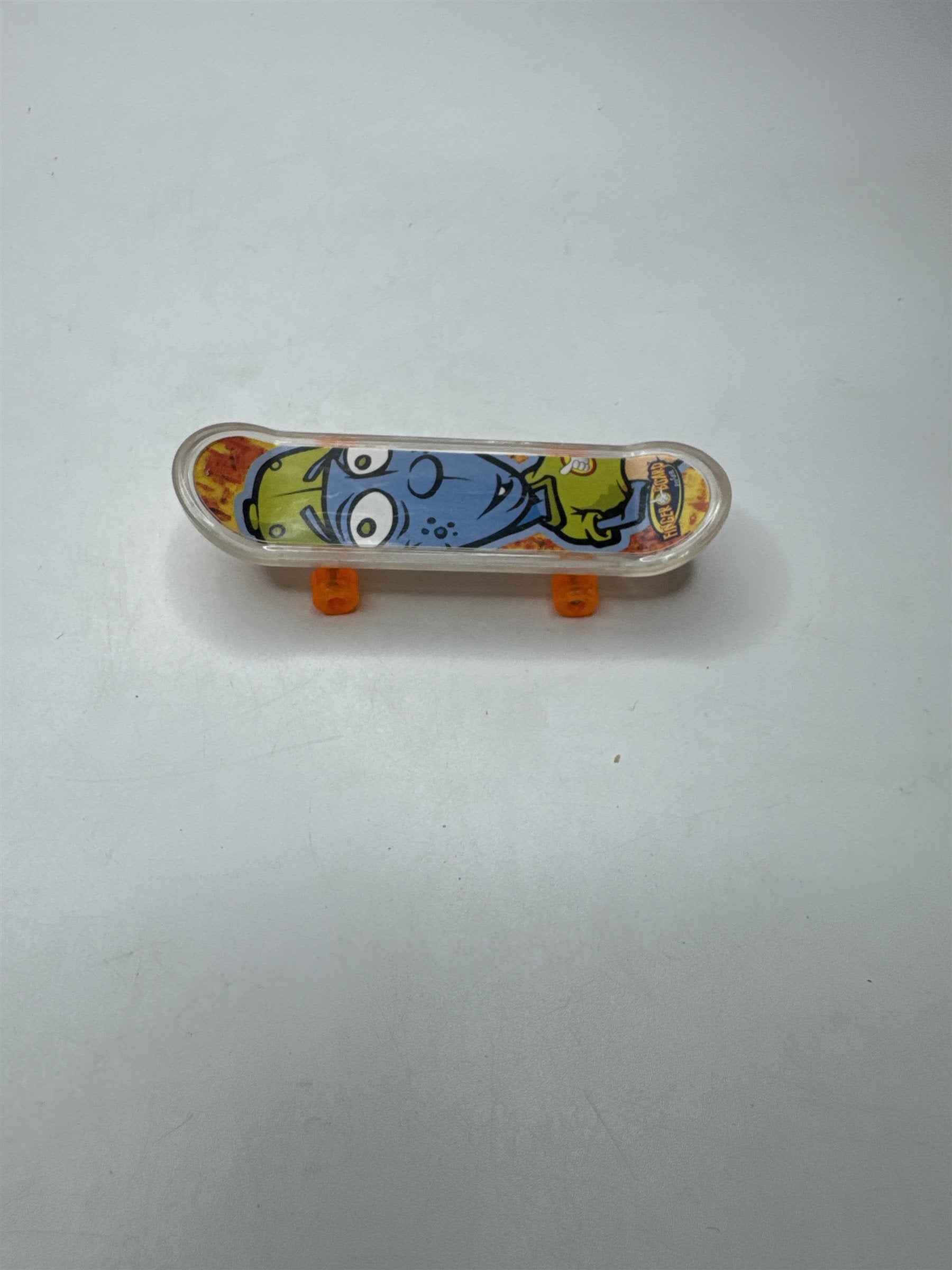Vintage Finger Board Toy Mini Skateboard Clear Trucks Orange Wheels Cartoon Head