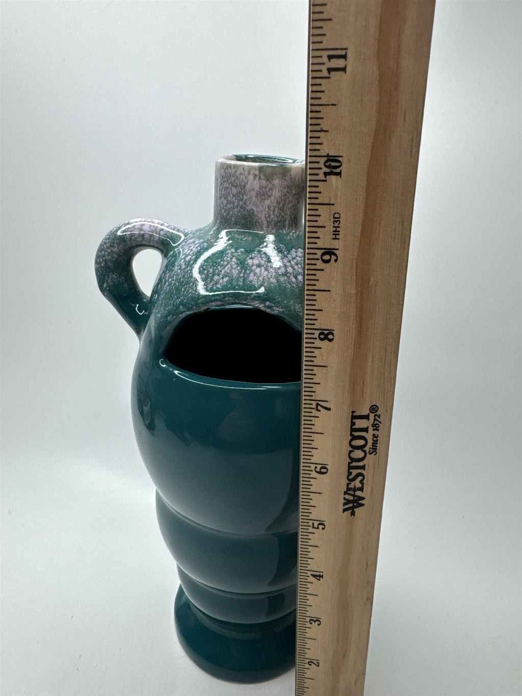 VTG 10" Handmade Pottery Vase Turquoise Blue Windowed Ceramic Flower Decor MCM