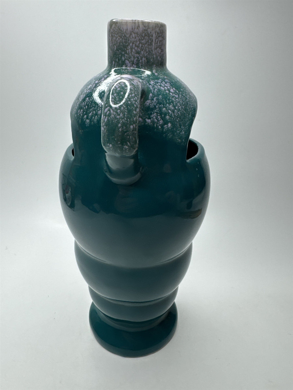 VTG 10" Handmade Pottery Vase Turquoise Blue Windowed Ceramic Flower Decor MCM
