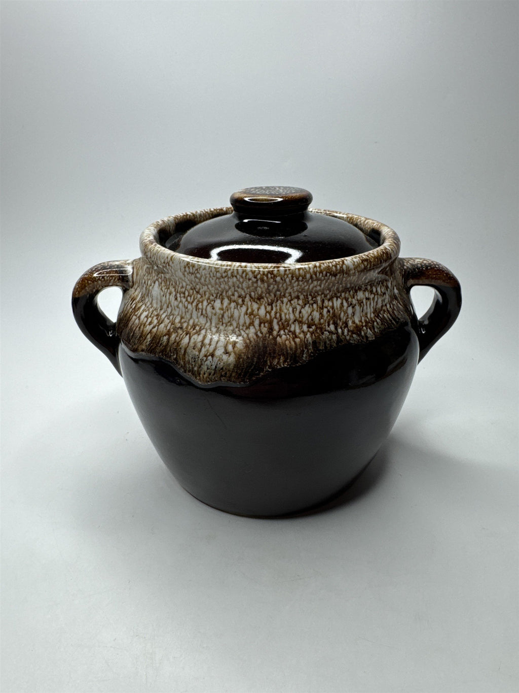 Small Stoneware Bean Pot with Lid 6" Brown Pattern Glazed Pottery 7.75" Wide USA