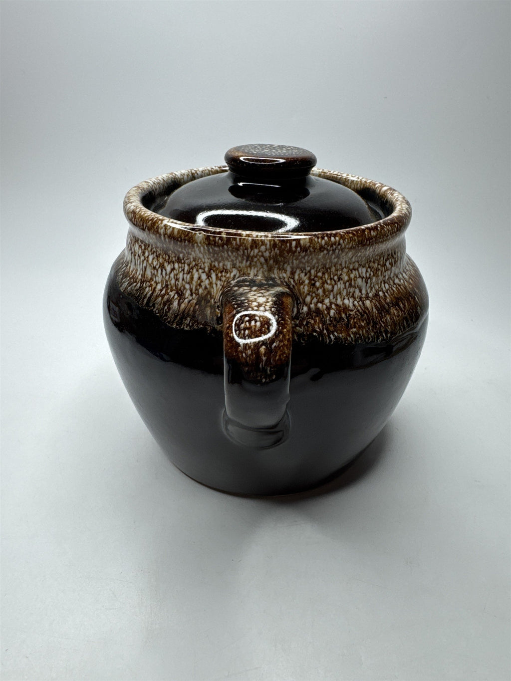 Small Stoneware Bean Pot with Lid 6" Brown Pattern Glazed Pottery 7.75" Wide USA