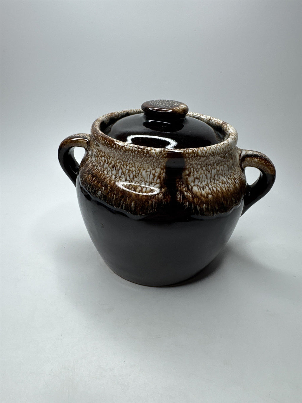 Small Stoneware Bean Pot with Lid 6" Brown Pattern Glazed Pottery 7.75" Wide USA