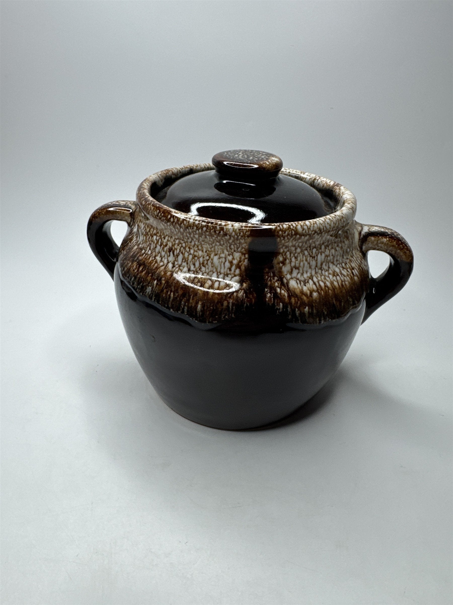 Small Stoneware Bean Pot with Lid 6" Brown Pattern Glazed Pottery 7.75" Wide USA