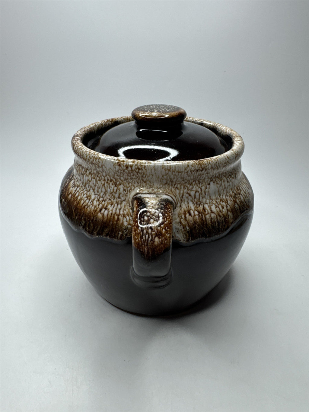 Small Stoneware Bean Pot with Lid 6" Brown Pattern Glazed Pottery 7.75" Wide USA