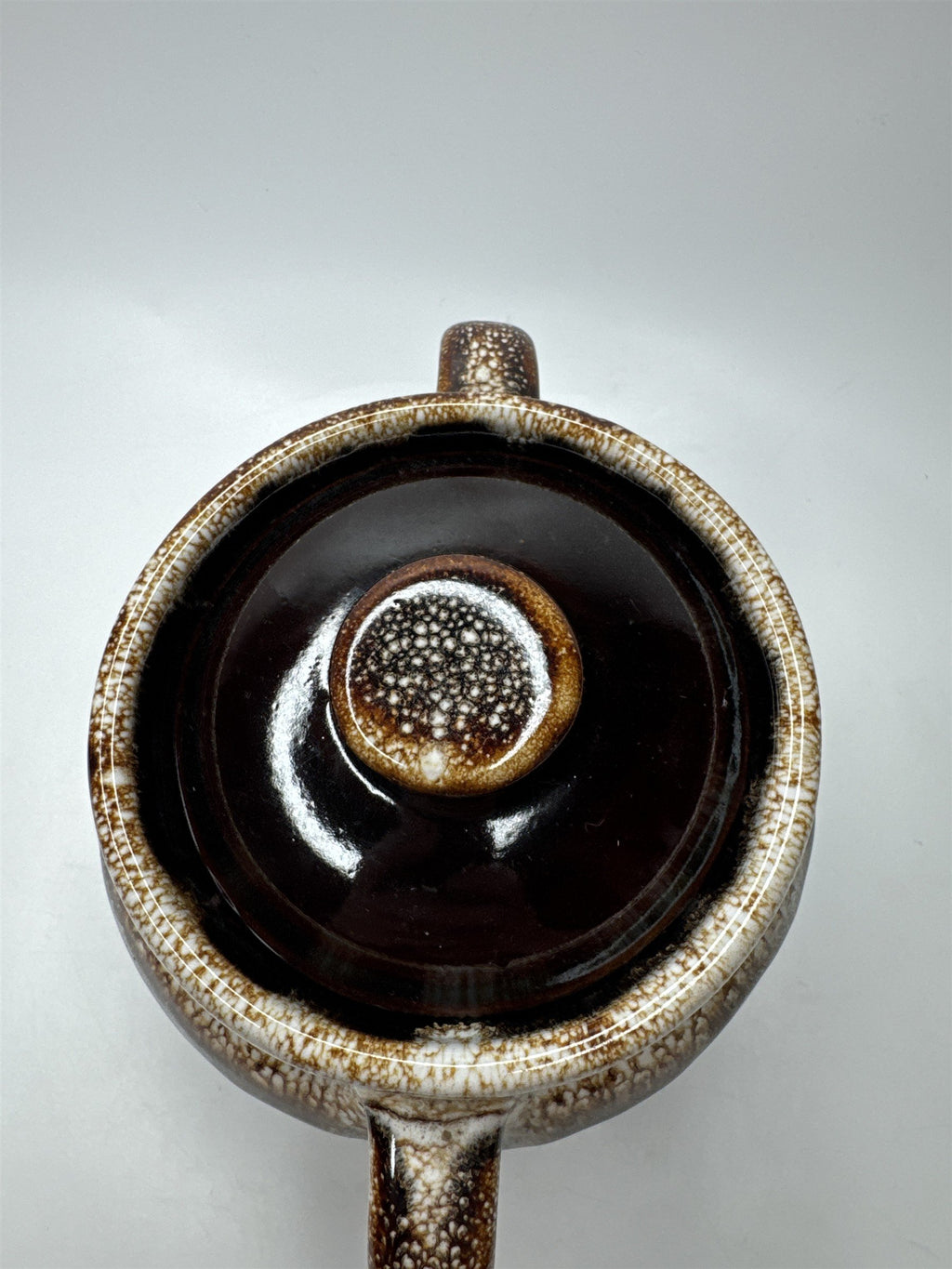 Small Stoneware Bean Pot with Lid 6" Brown Pattern Glazed Pottery 7.75" Wide USA