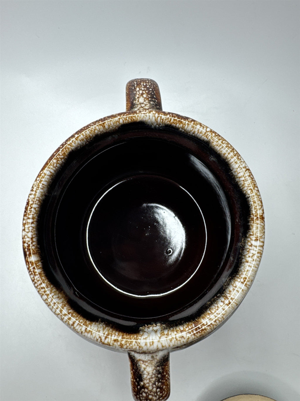 Small Stoneware Bean Pot with Lid 6" Brown Pattern Glazed Pottery 7.75" Wide USA