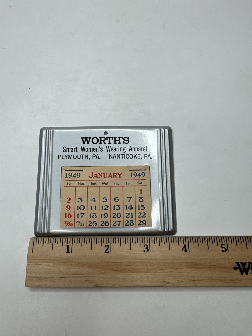 Vintage 1949 Worth's Smart Women's Apparel Nanticoke Plymouth PA Metal Calendar