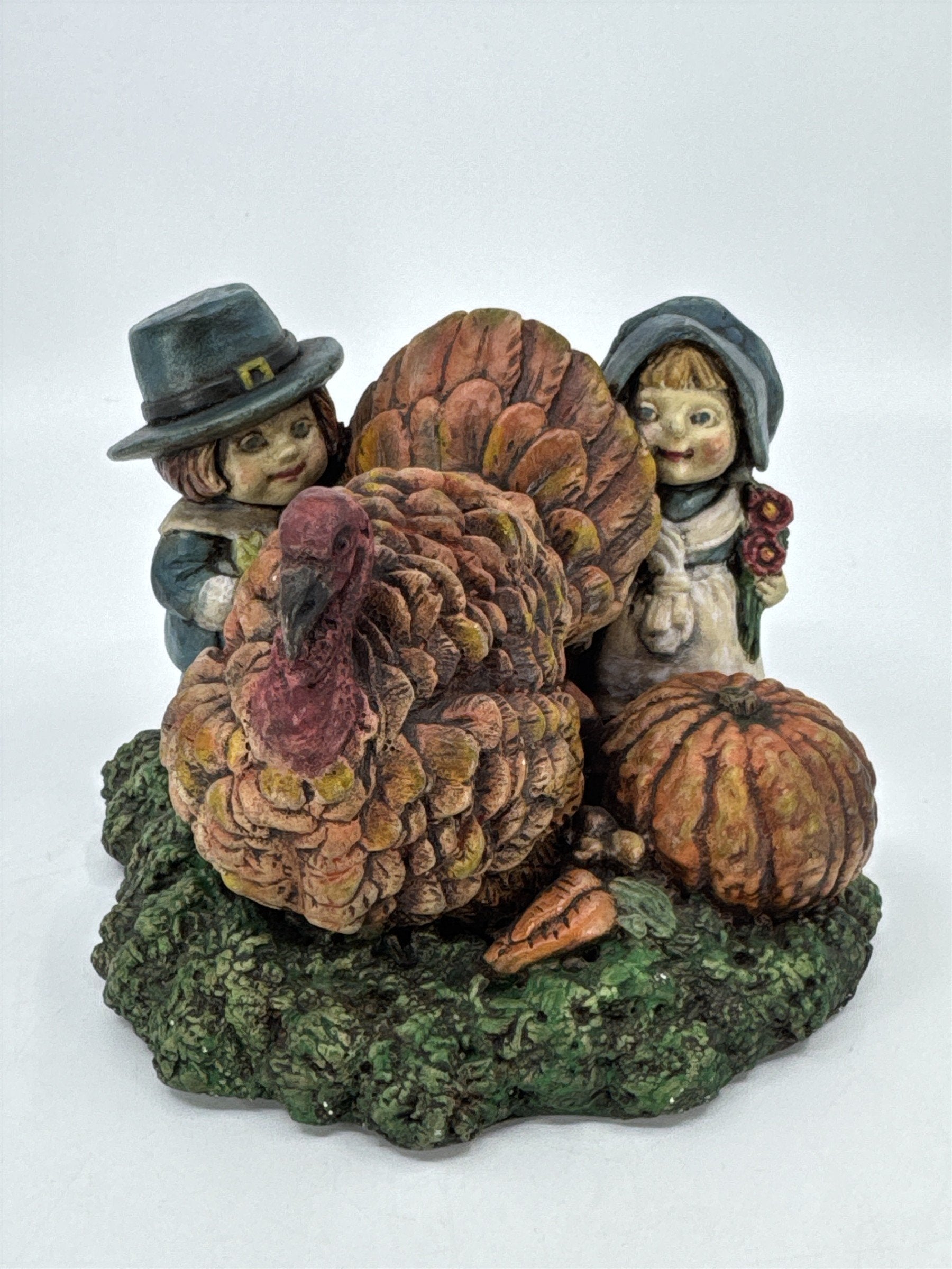 Vintage Turkey W/ Pilgrims And Pumpkins Harvest Thanksgiving Decorative Figurine