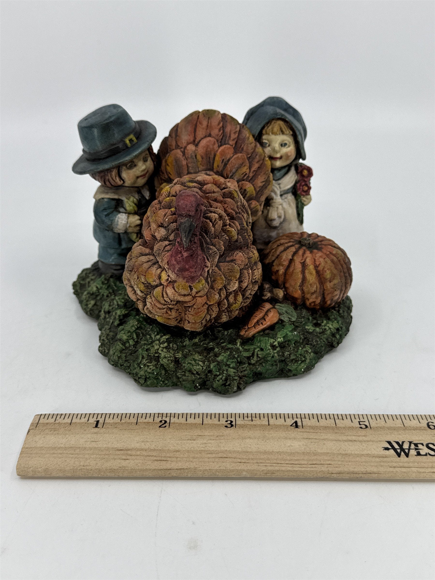 Vintage Turkey W/ Pilgrims And Pumpkins Harvest Thanksgiving Decorative Figurine