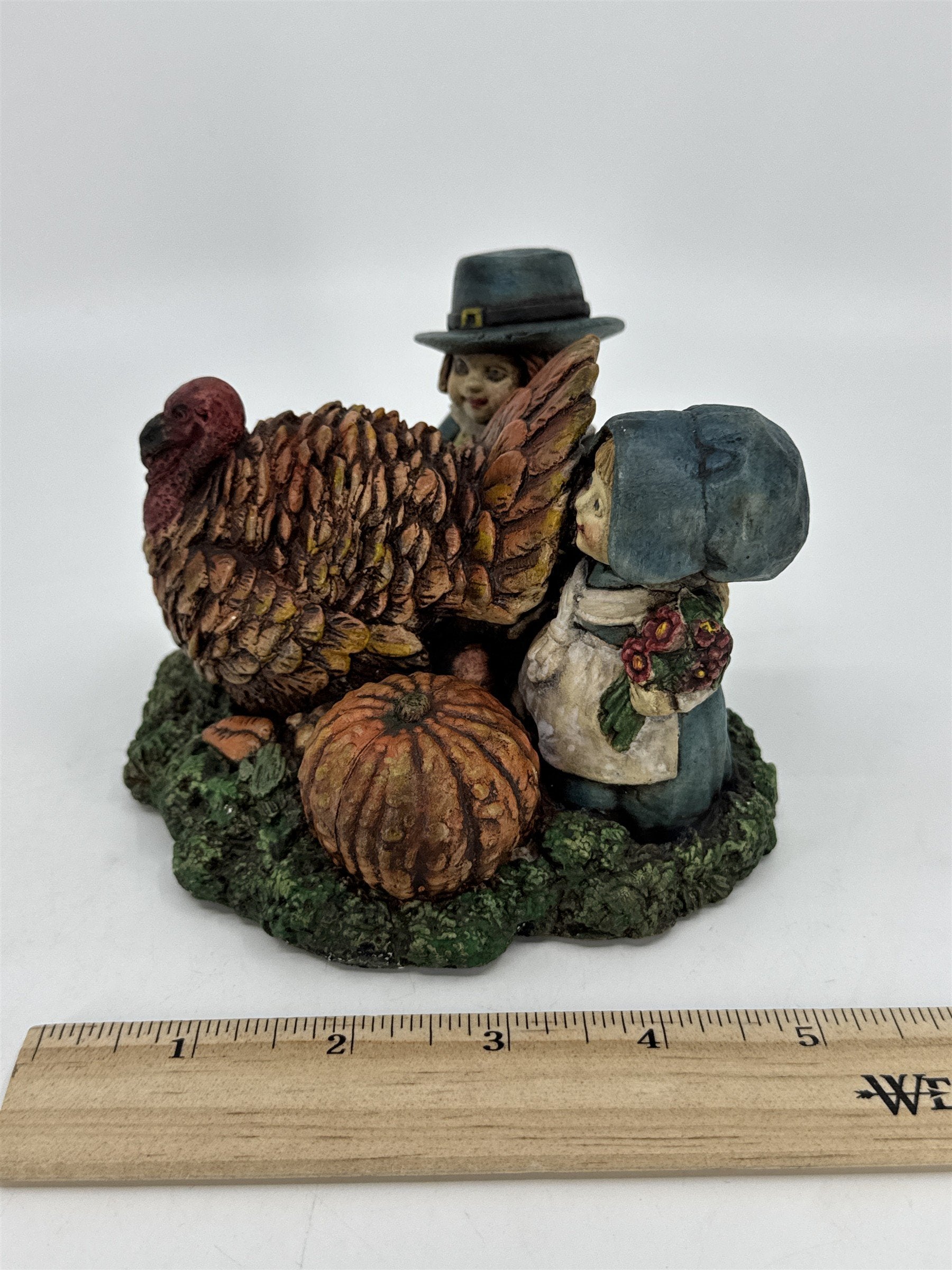 Vintage Turkey W/ Pilgrims And Pumpkins Harvest Thanksgiving Decorative Figurine