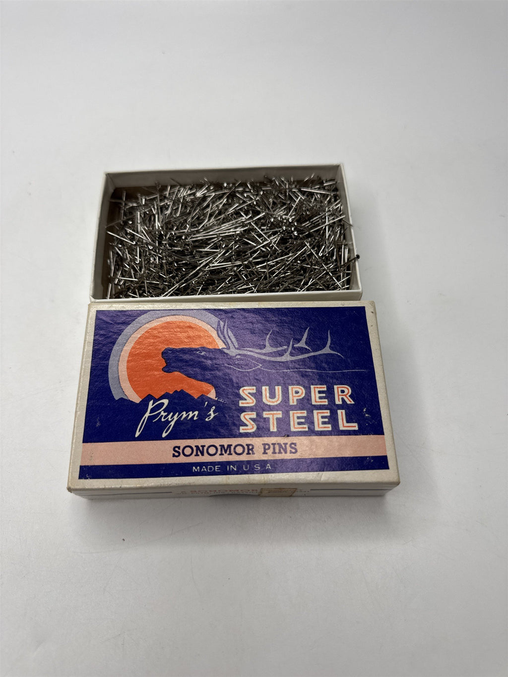 Vintage Prym's Sonomor Super Steel Pins Almost Full Box Sewing Supply