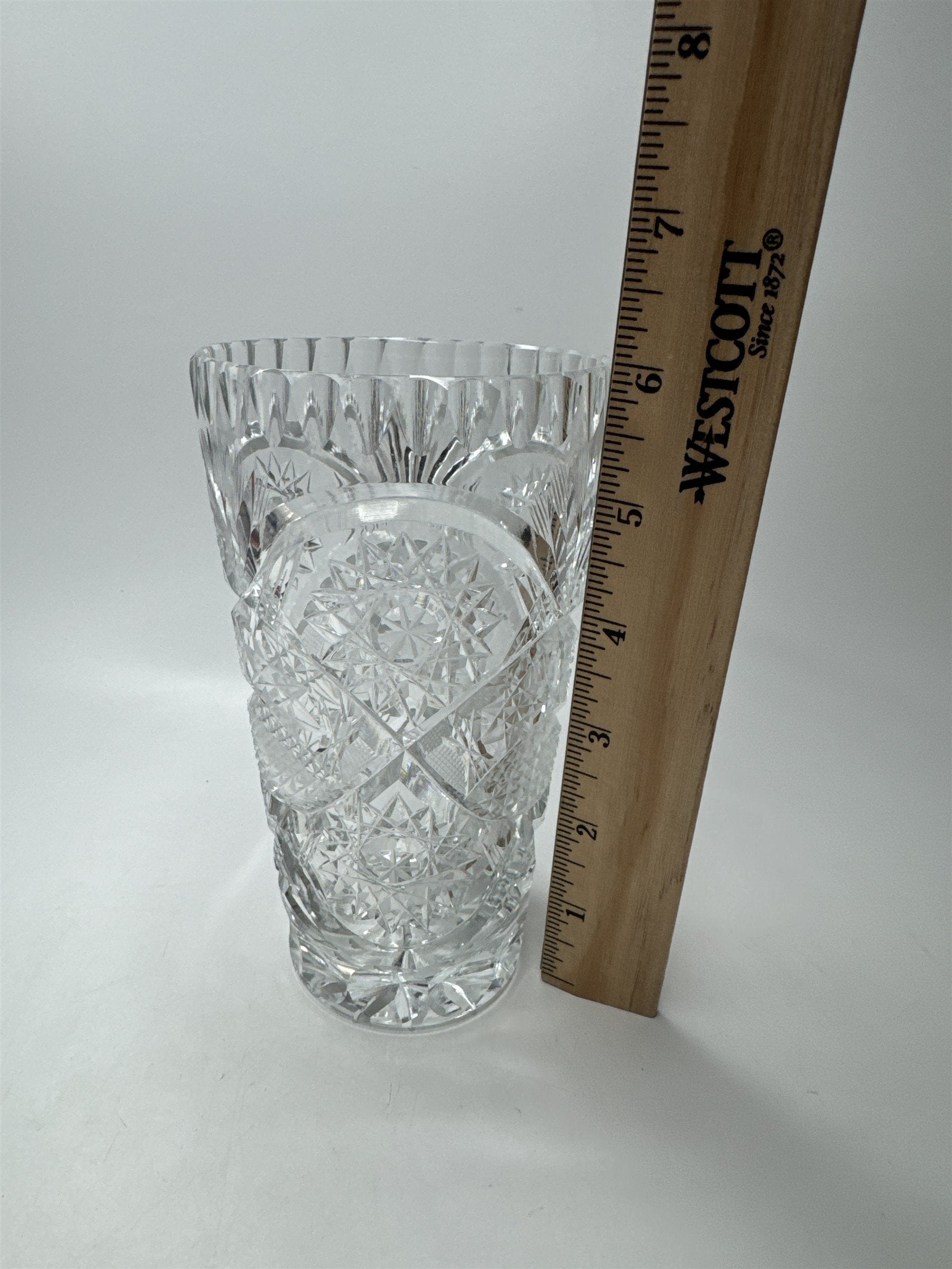 Vintage MCM Cut Glass Bud Vase Starburst Heavy Crystal Table Decor