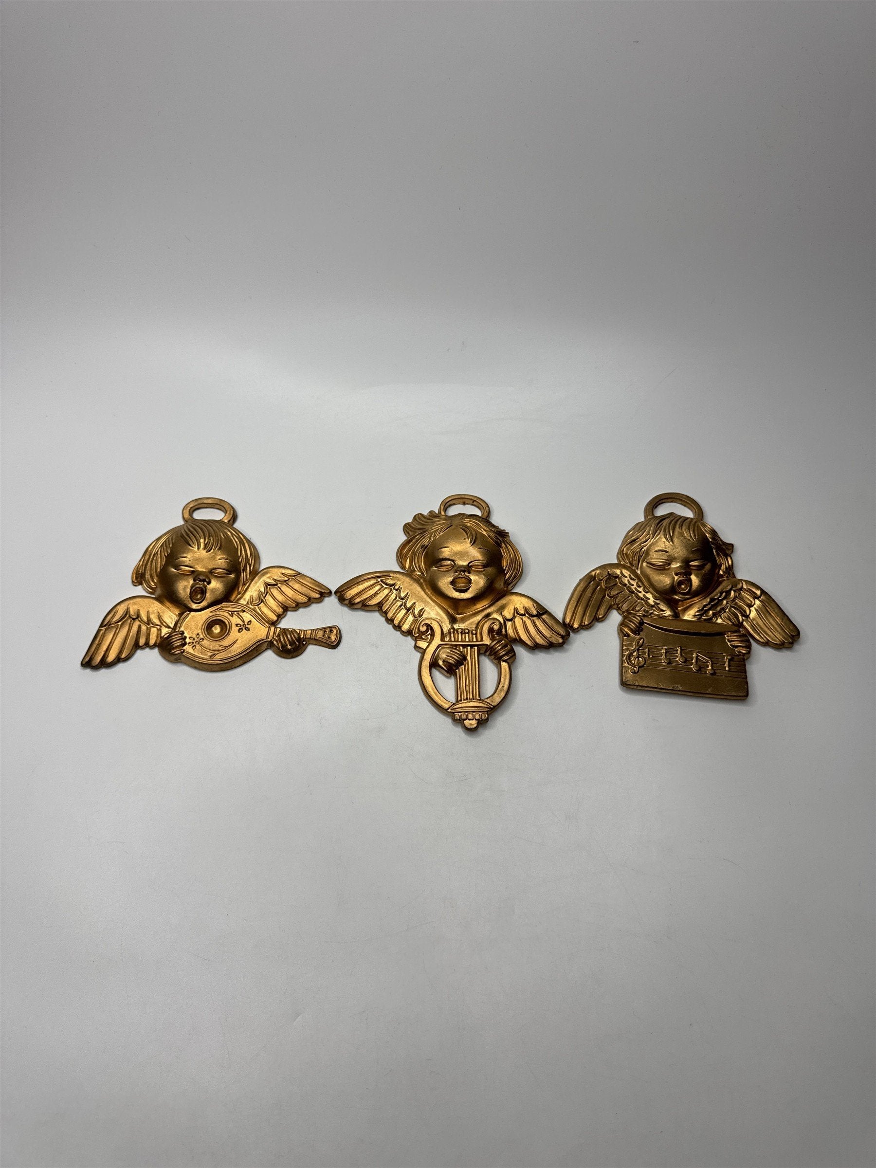 Vintage Set of 3 Hong Kong Angels Ornaments Plastic Gold Tone Christmas Kitsch