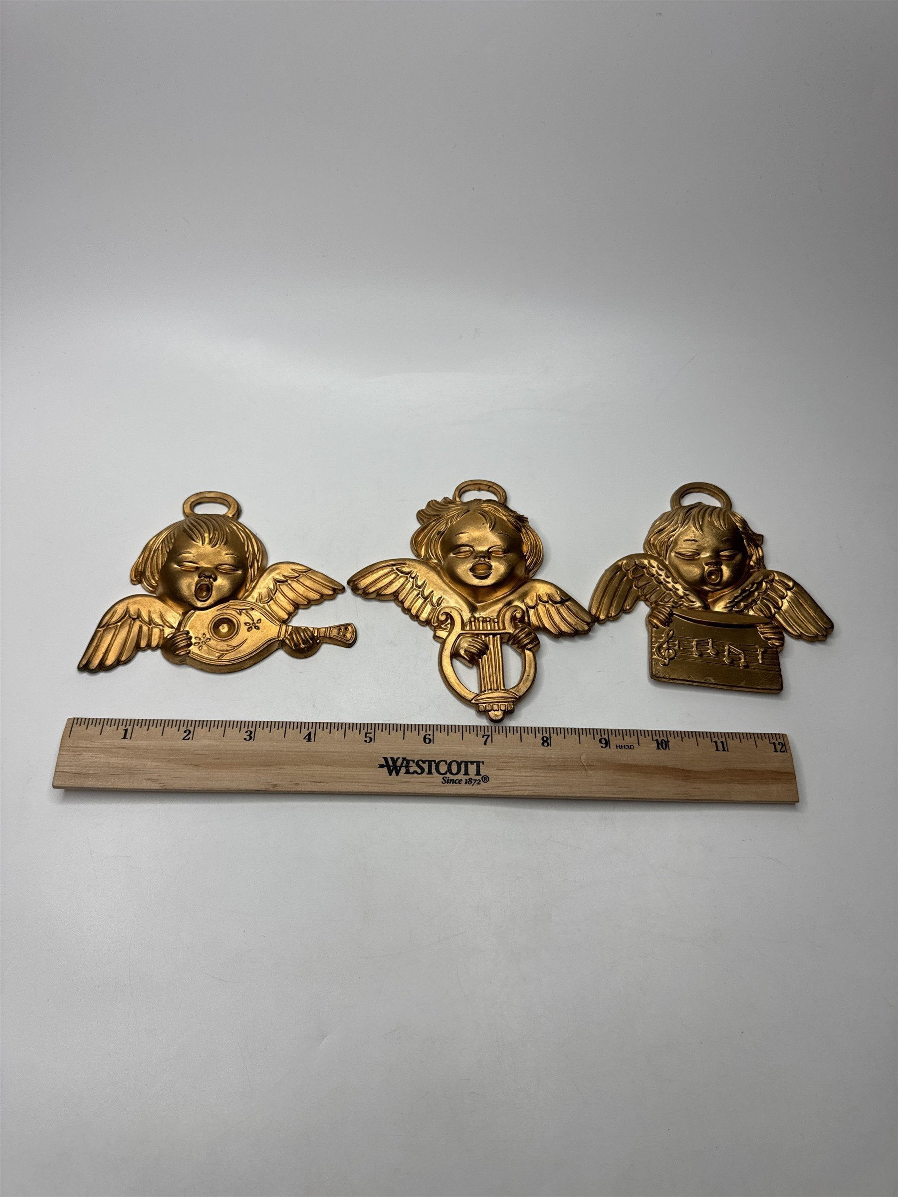 Vintage Set of 3 Hong Kong Angels Ornaments Plastic Gold Tone Christmas Kitsch