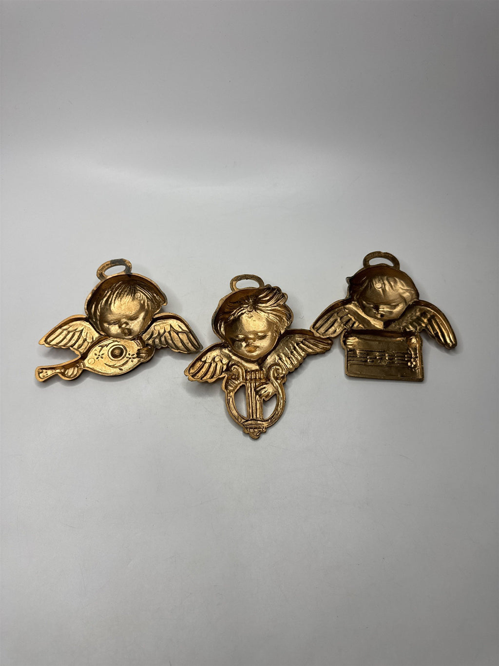 Vintage Set of 3 Hong Kong Angels Ornaments Plastic Gold Tone Christmas Kitsch