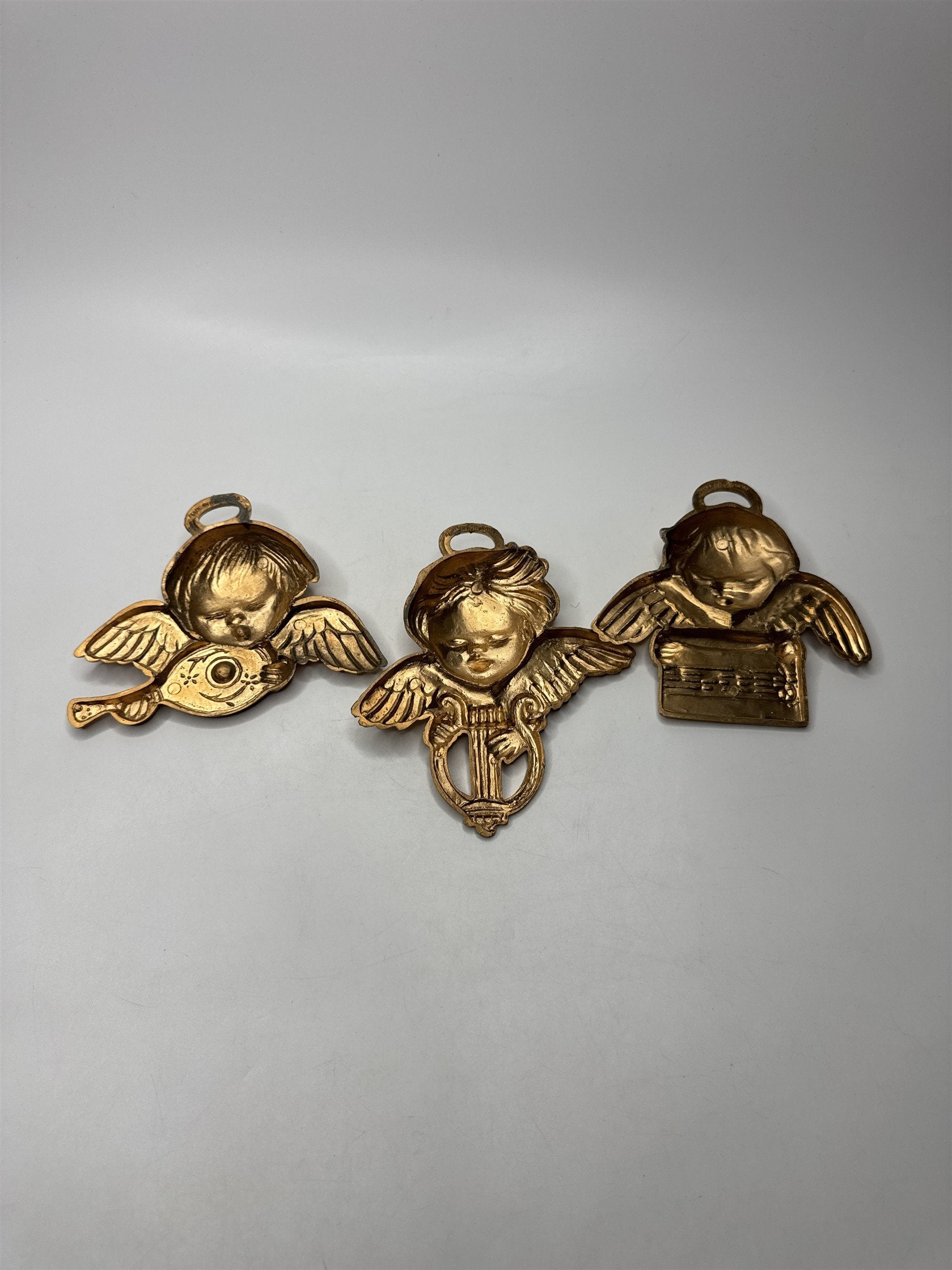 Vintage Set of 3 Hong Kong Angels Ornaments Plastic Gold Tone Christmas Kitsch