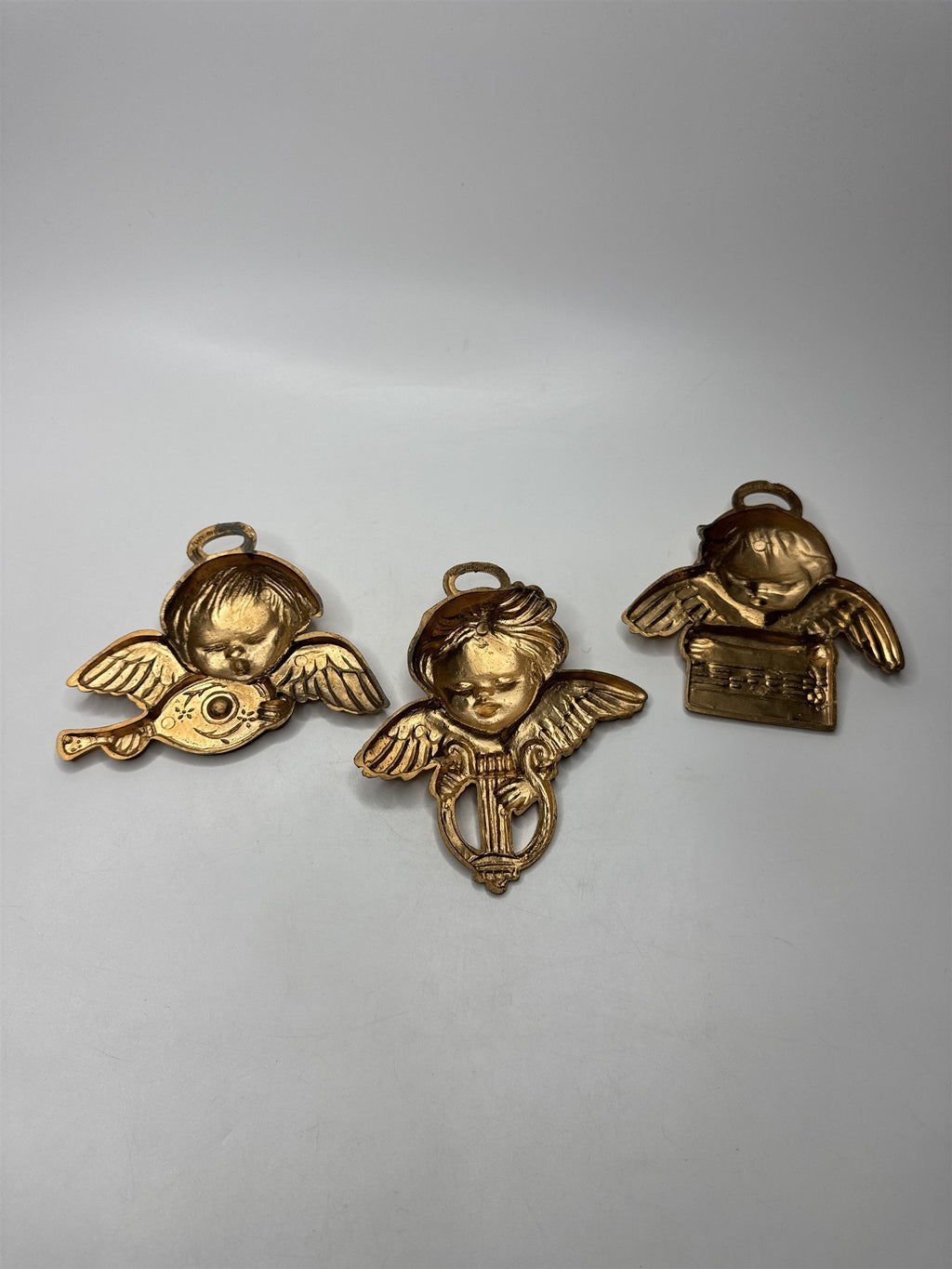 Vintage Set of 3 Hong Kong Angels Ornaments Plastic Gold Tone Christmas Kitsch
