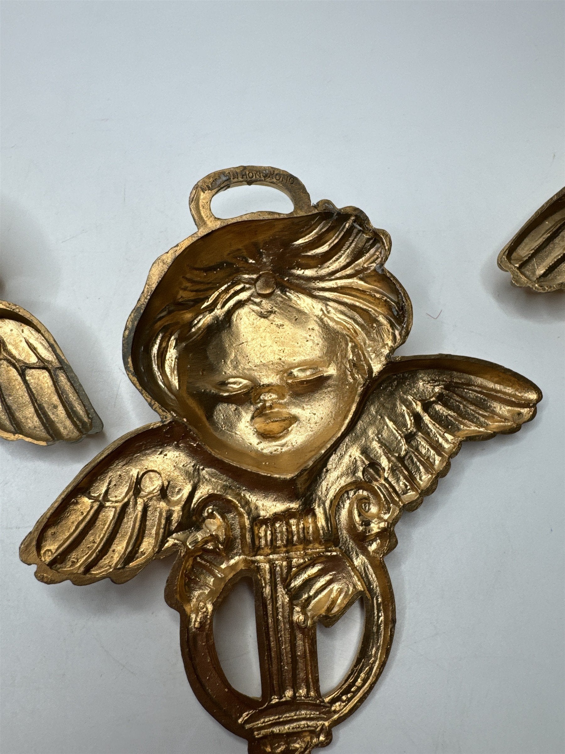Vintage Set of 3 Hong Kong Angels Ornaments Plastic Gold Tone Christmas Kitsch