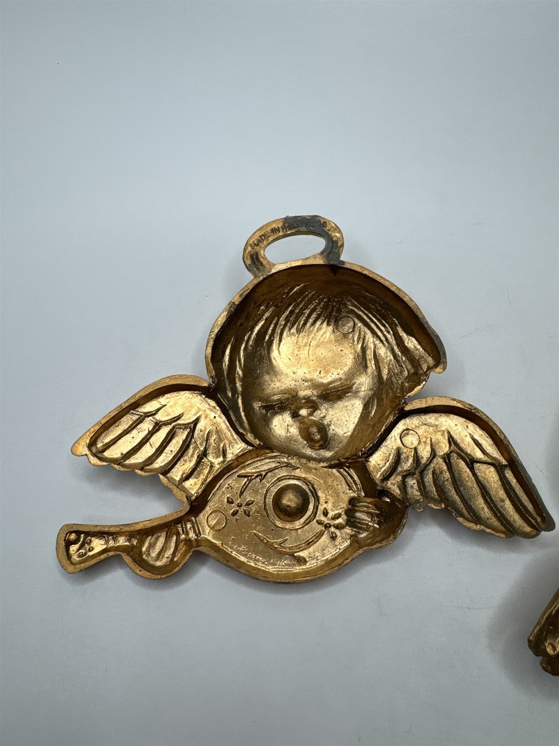 Vintage Set of 3 Hong Kong Angels Ornaments Plastic Gold Tone Christmas Kitsch