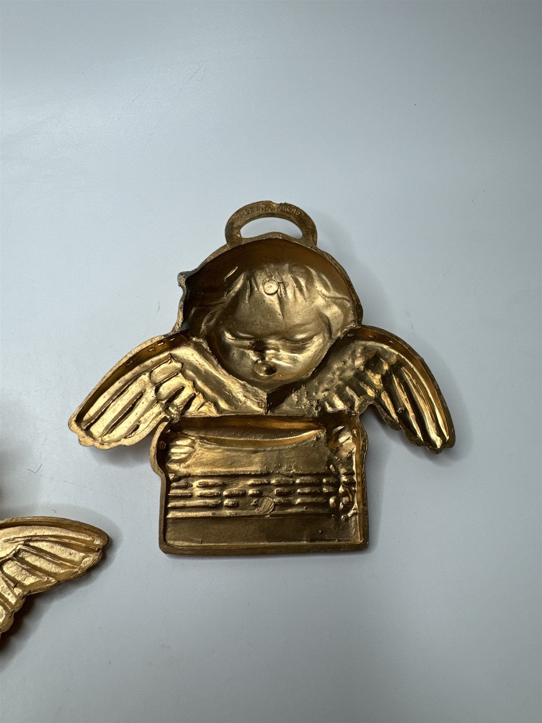 Vintage Set of 3 Hong Kong Angels Ornaments Plastic Gold Tone Christmas Kitsch