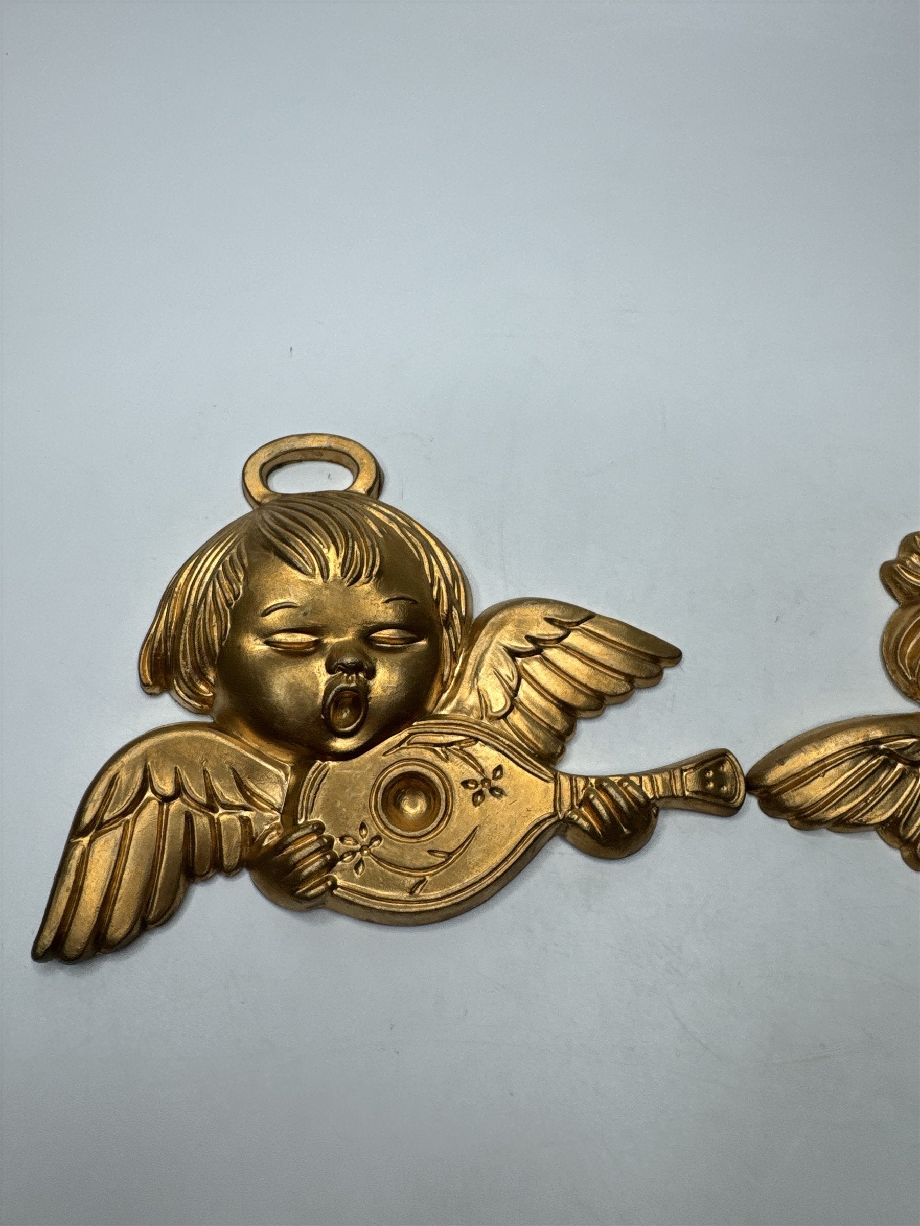 Vintage Set of 3 Hong Kong Angels Ornaments Plastic Gold Tone Christmas Kitsch