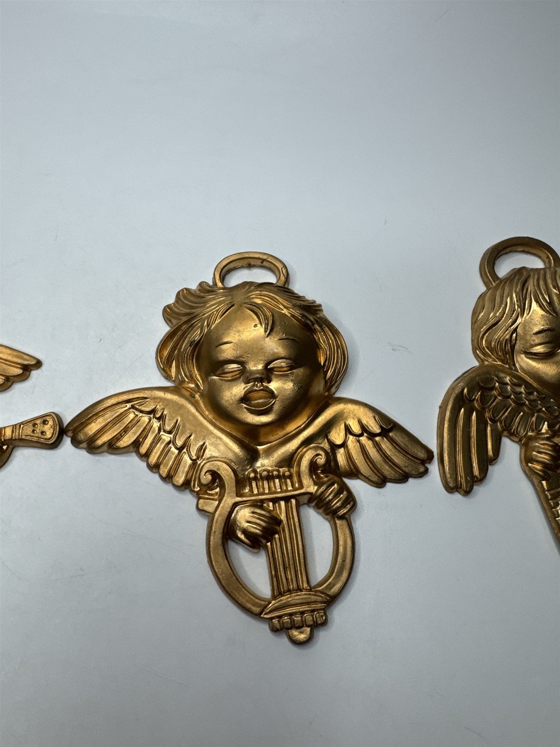 Vintage Set of 3 Hong Kong Angels Ornaments Plastic Gold Tone Christmas Kitsch