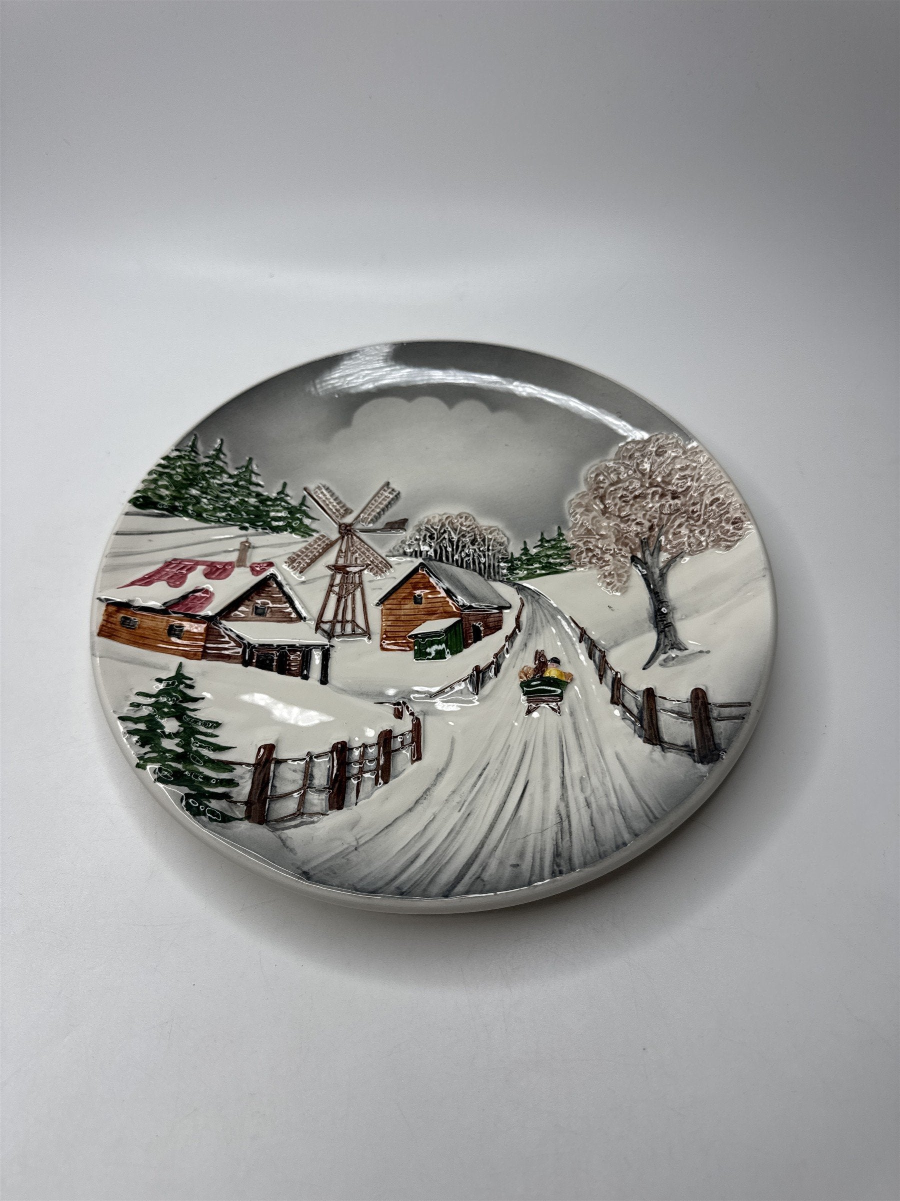 Vintage Majolica Plate 9" West Germany Raised Relief Winter Christmas Holiday