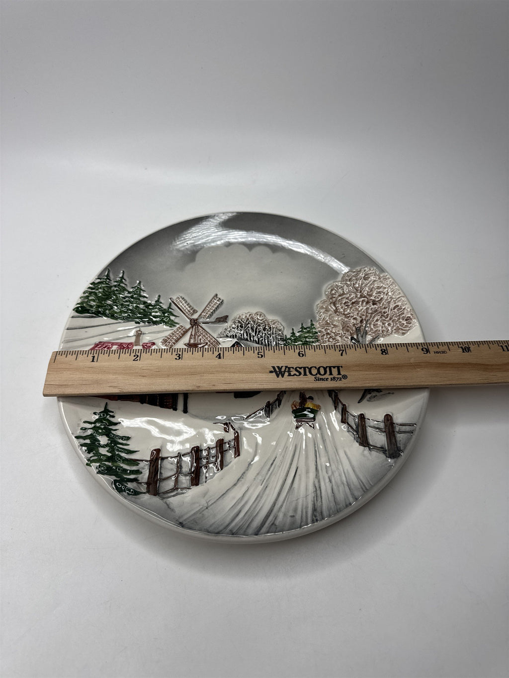 Vintage Majolica Plate 9" West Germany Raised Relief Winter Christmas Holiday