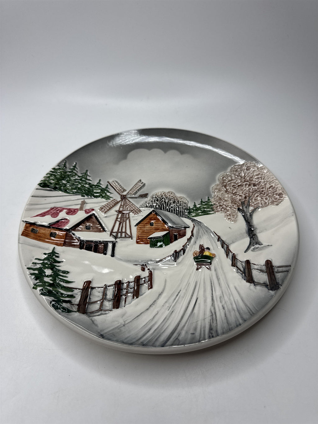 Vintage Majolica Plate 9" West Germany Raised Relief Winter Christmas Holiday