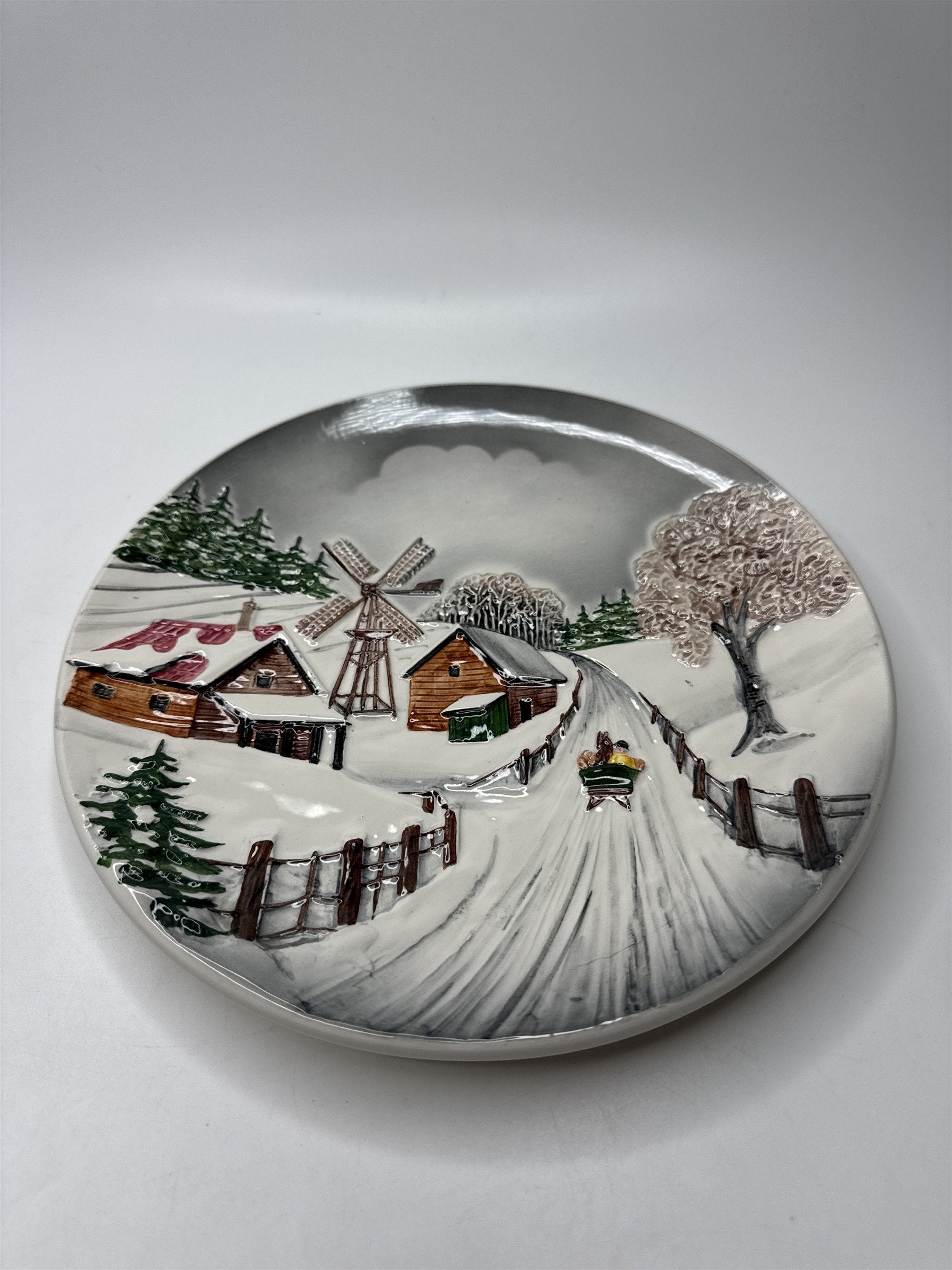 Vintage Majolica Plate 9" West Germany Raised Relief Winter Christmas Holiday