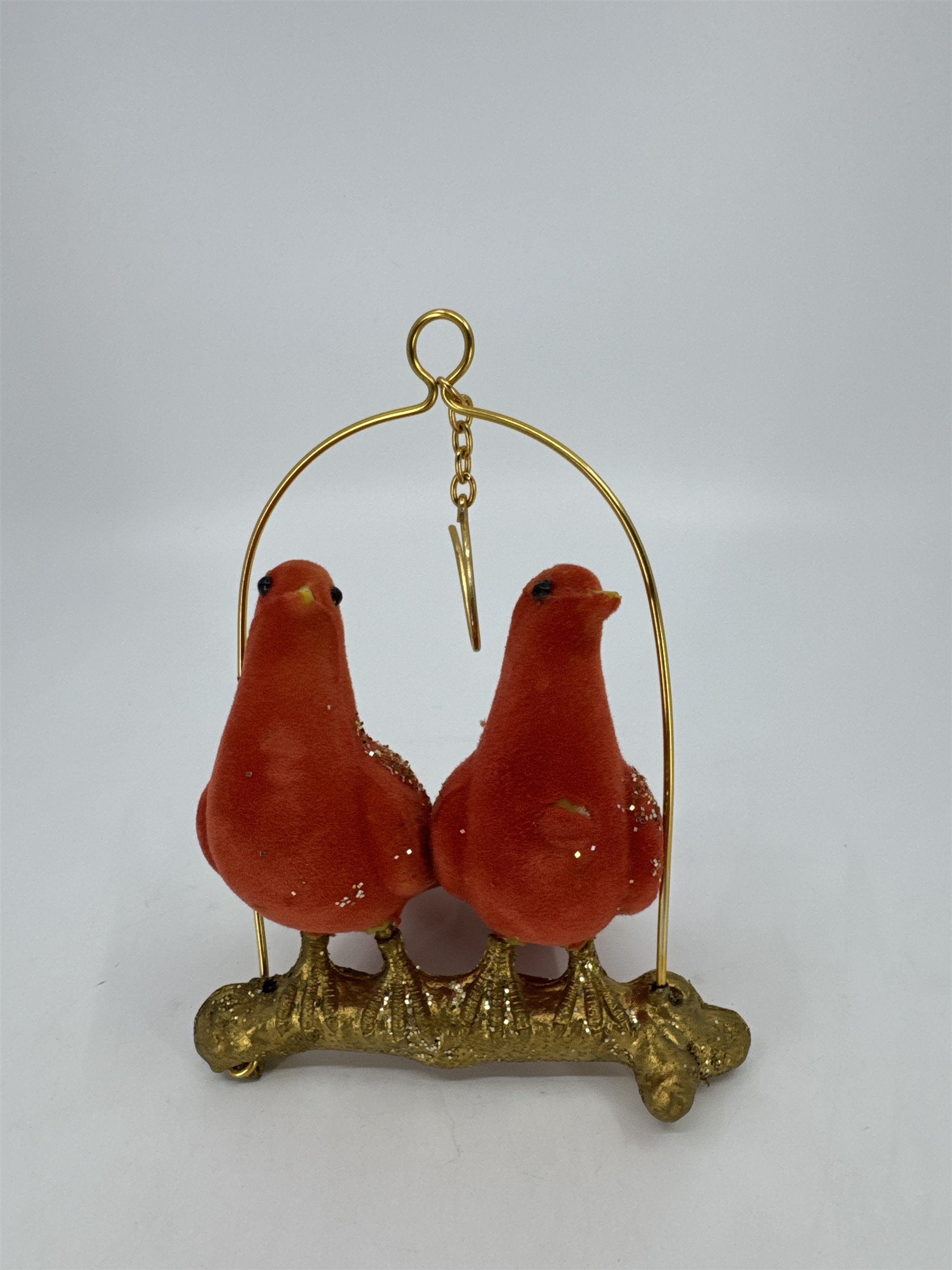 Vintage Decorative Hanging Christmas Decor Red Birds On Gold Toned Perch