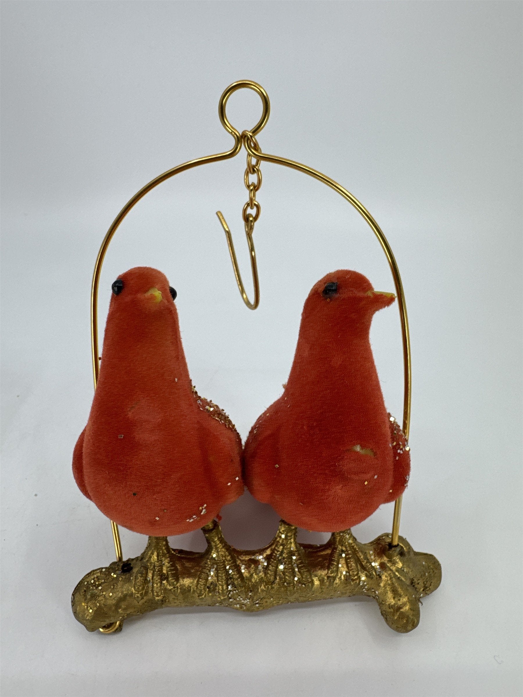 Vintage Decorative Hanging Christmas Decor Red Birds On Gold Toned Perch