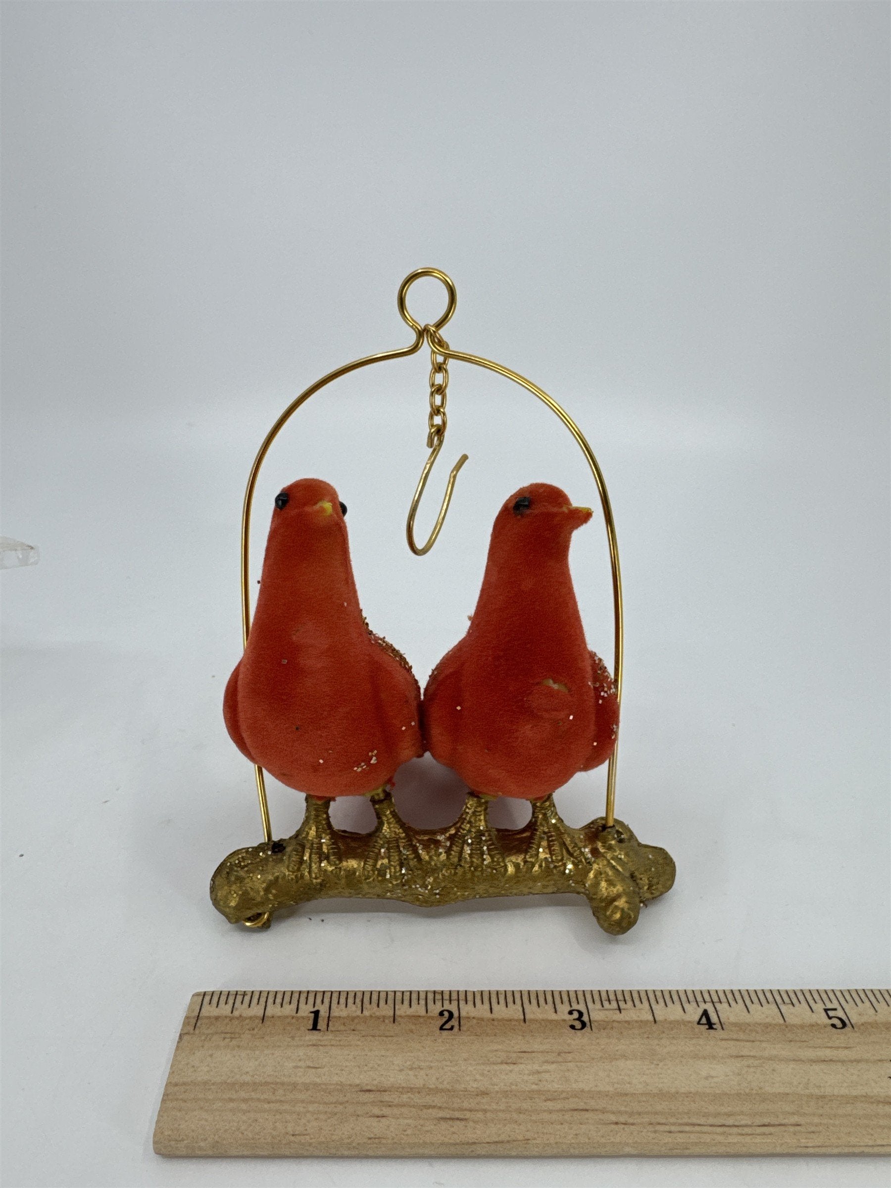 Vintage Decorative Hanging Christmas Decor Red Birds On Gold Toned Perch