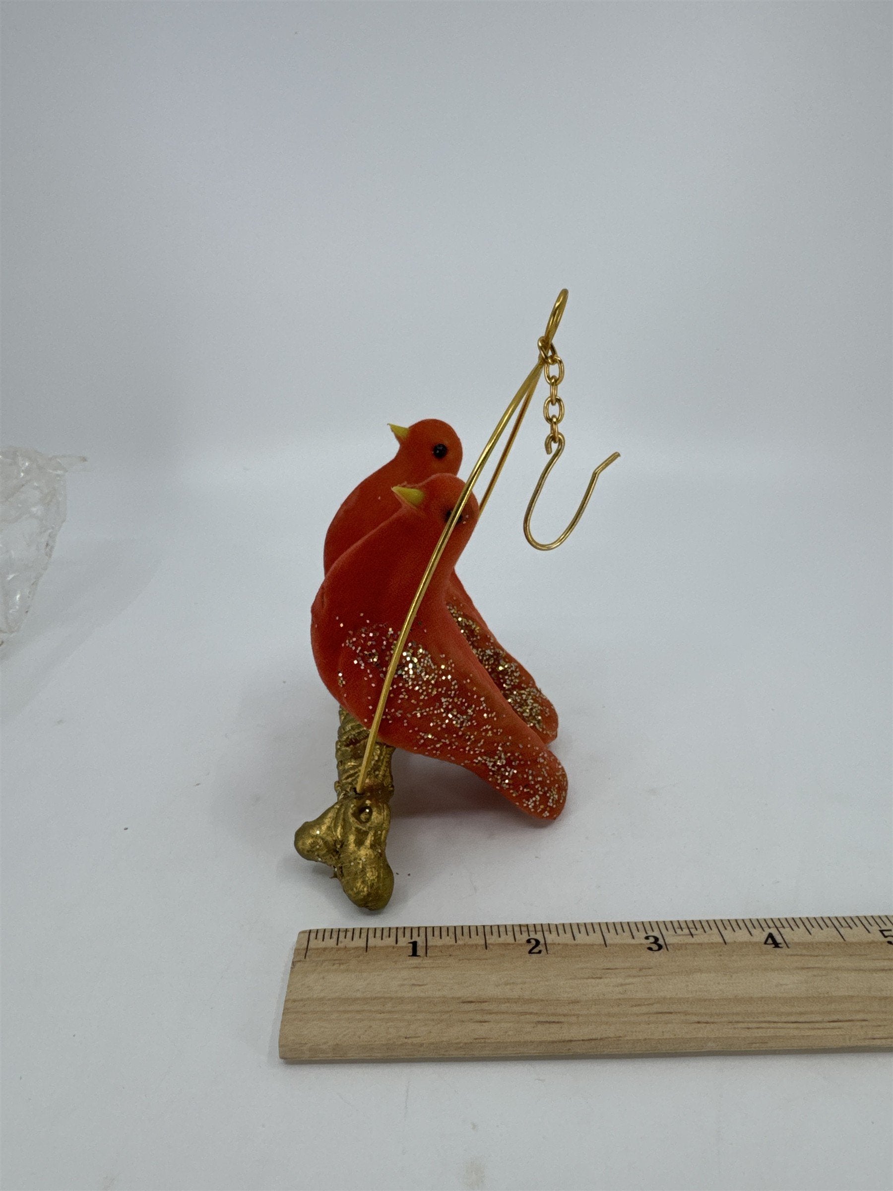 Vintage Decorative Hanging Christmas Decor Red Birds On Gold Toned Perch