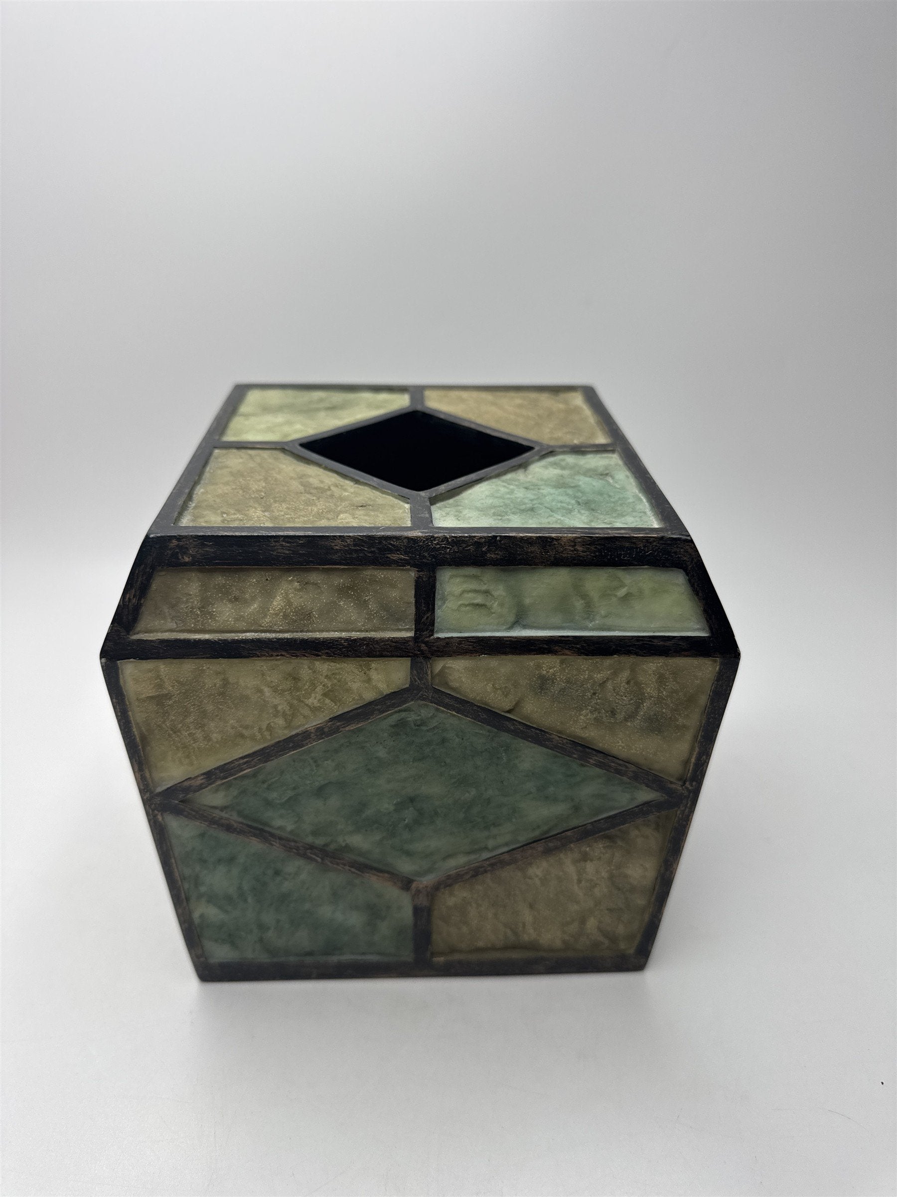 Vintage India Stone Tissue Box Cover Faceted Green Tan Desk Decor