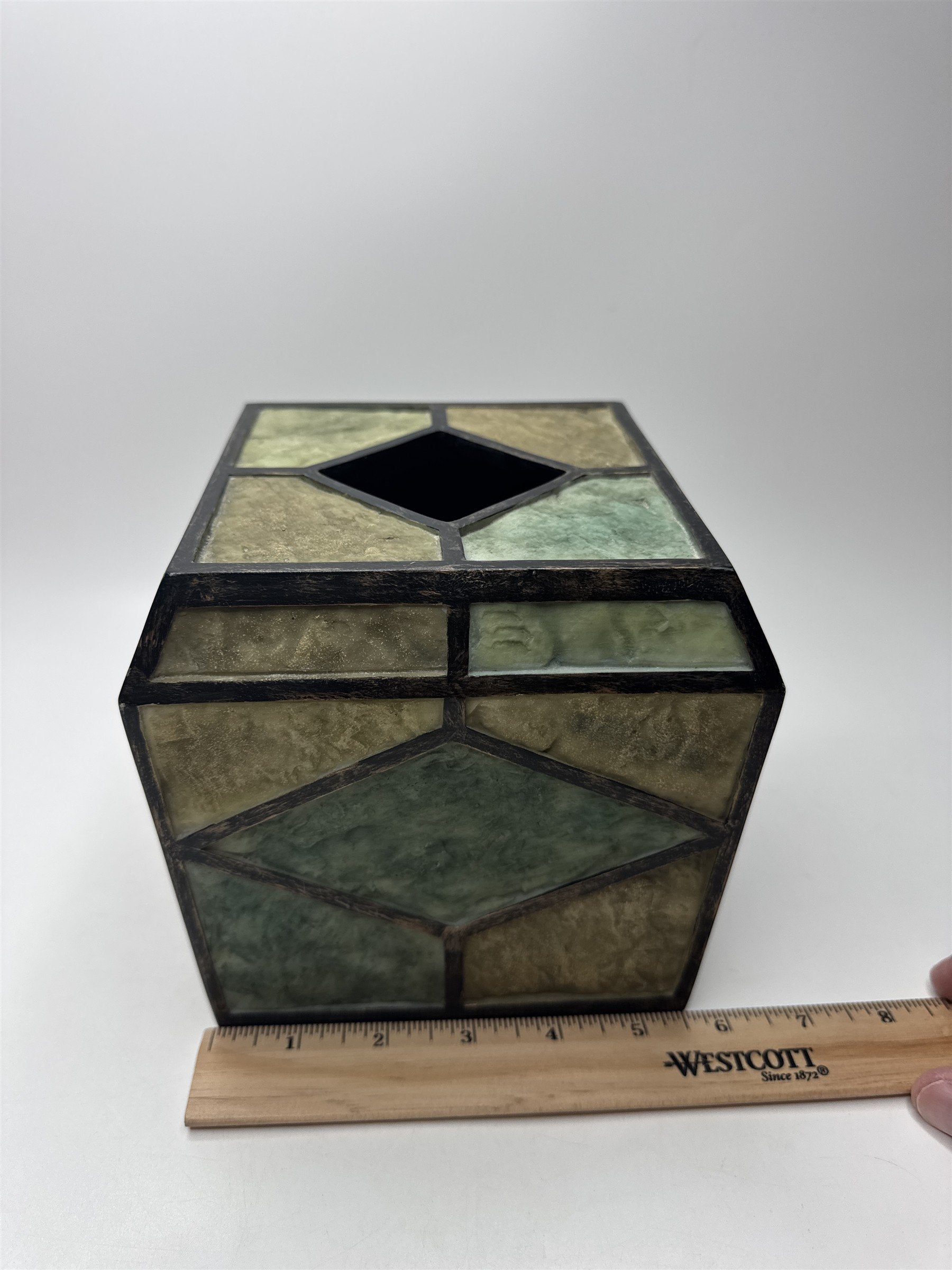 Vintage India Stone Tissue Box Cover Faceted Green Tan Desk Decor