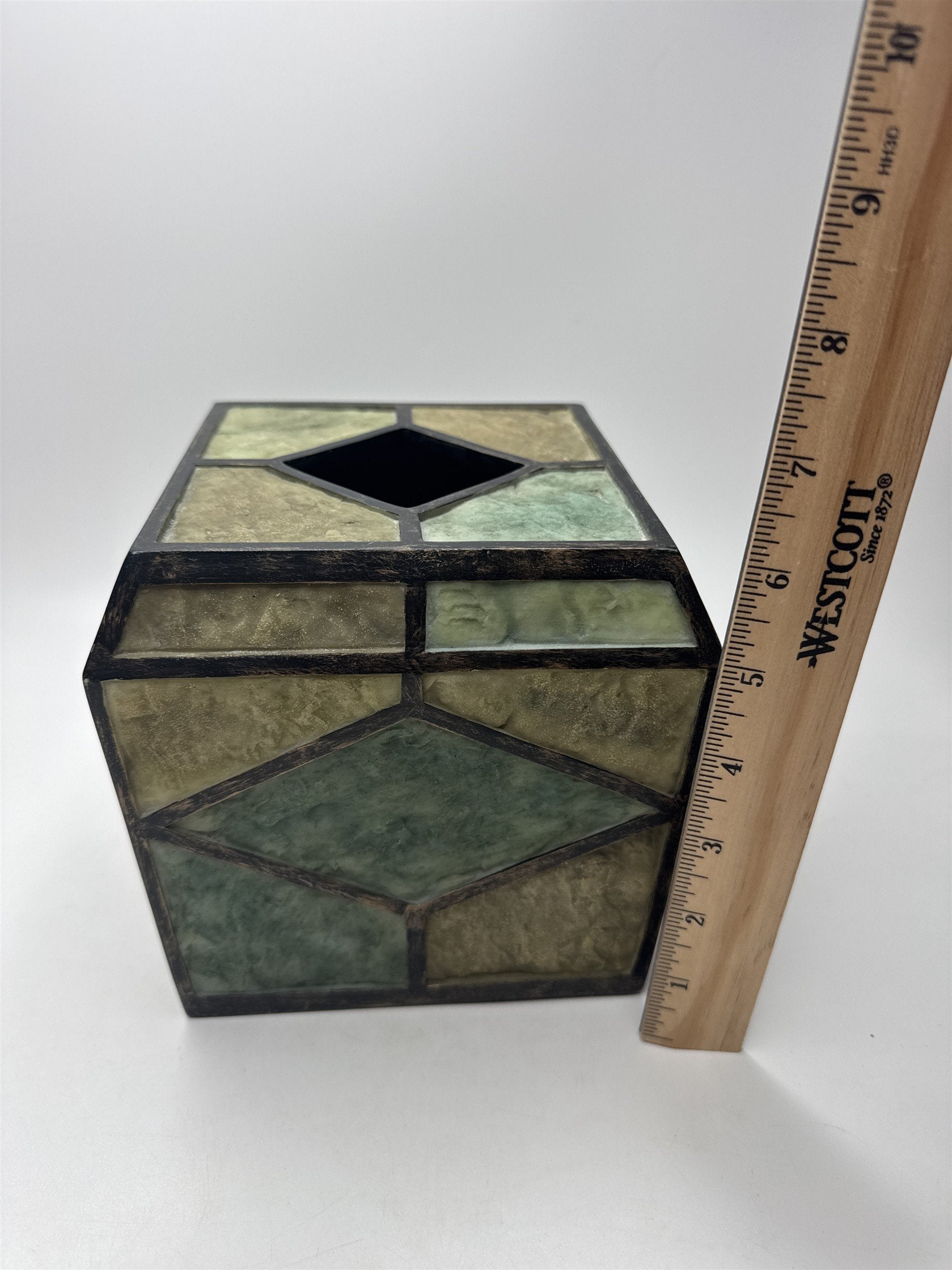 Vintage India Stone Tissue Box Cover Faceted Green Tan Desk Decor