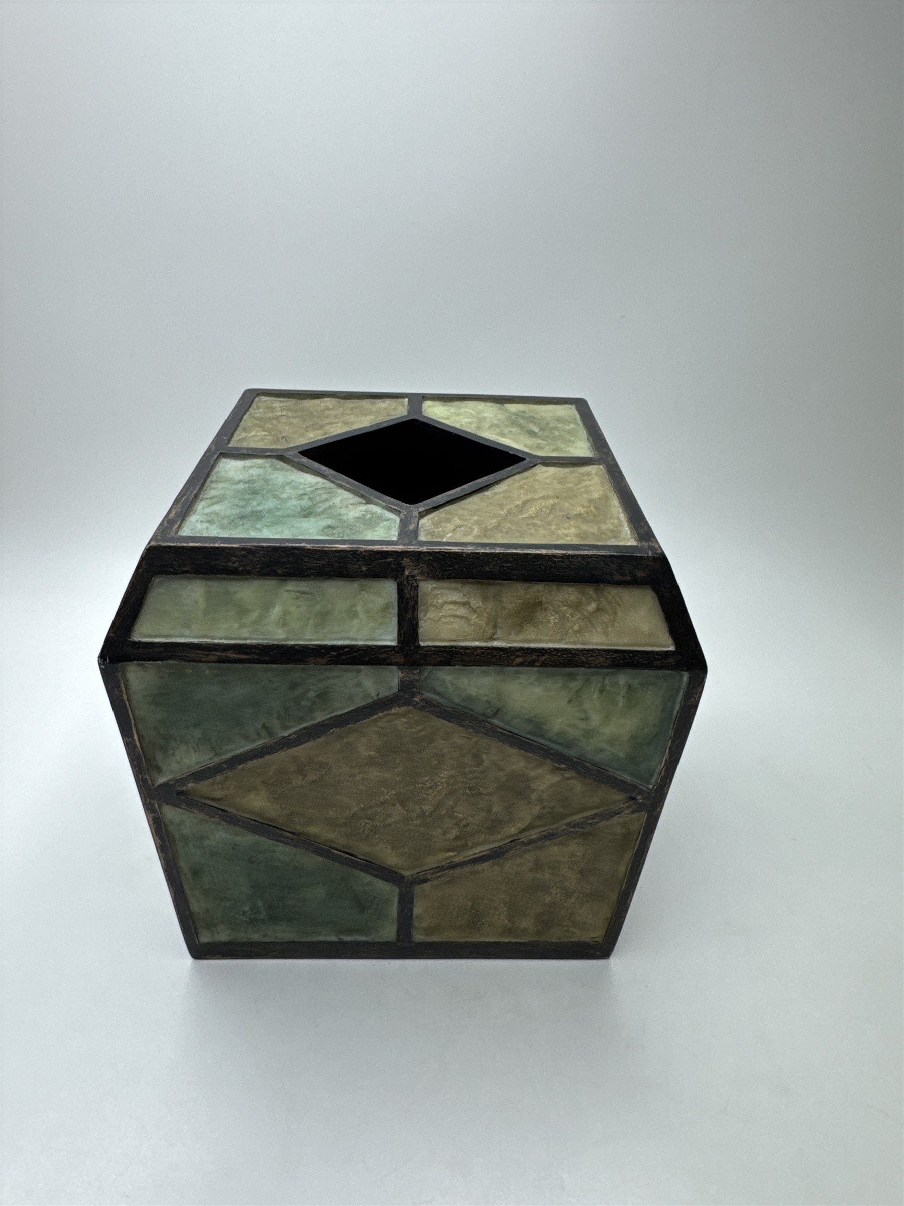 Vintage India Stone Tissue Box Cover Faceted Green Tan Desk Decor