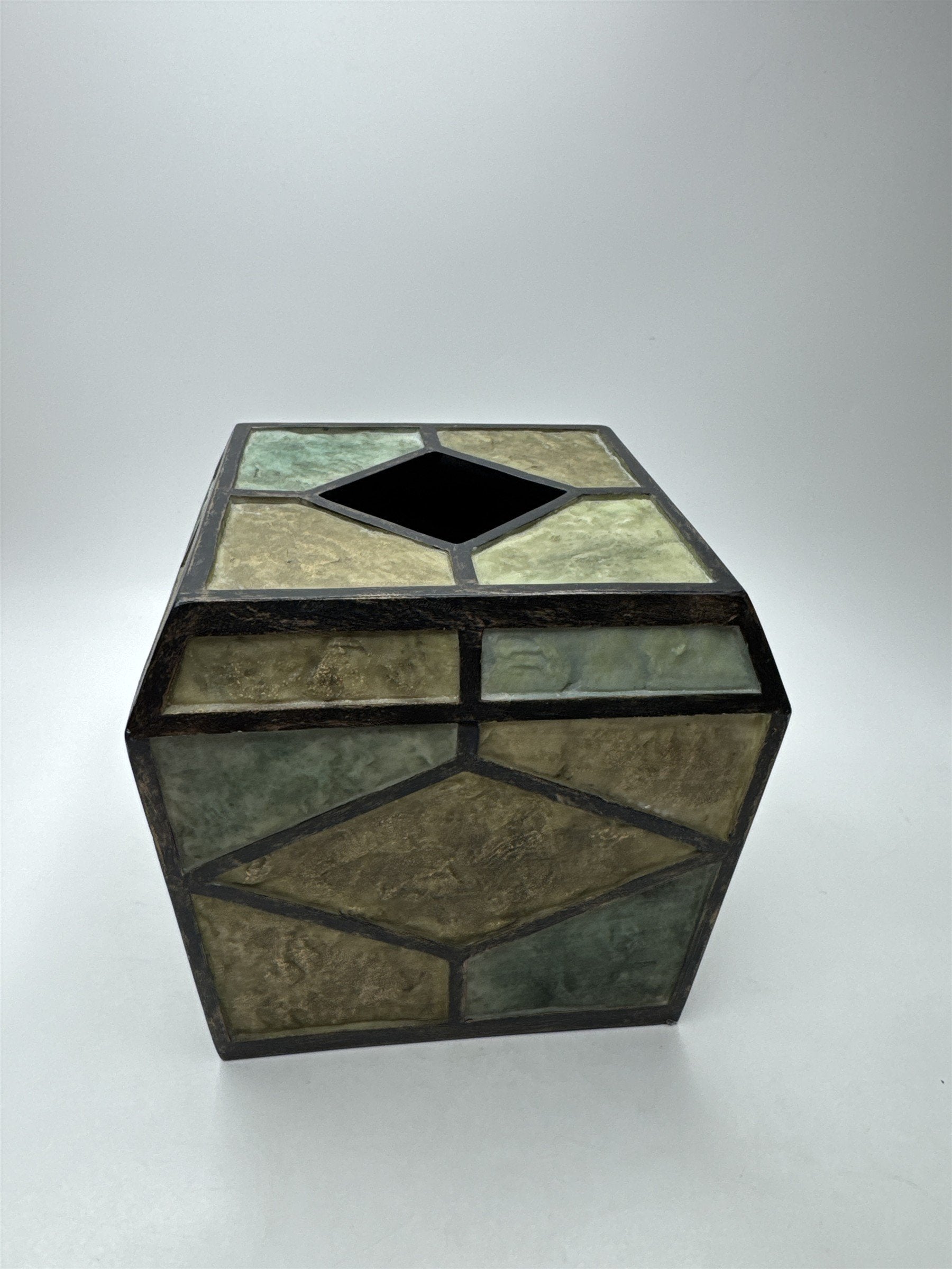 Vintage India Stone Tissue Box Cover Faceted Green Tan Desk Decor