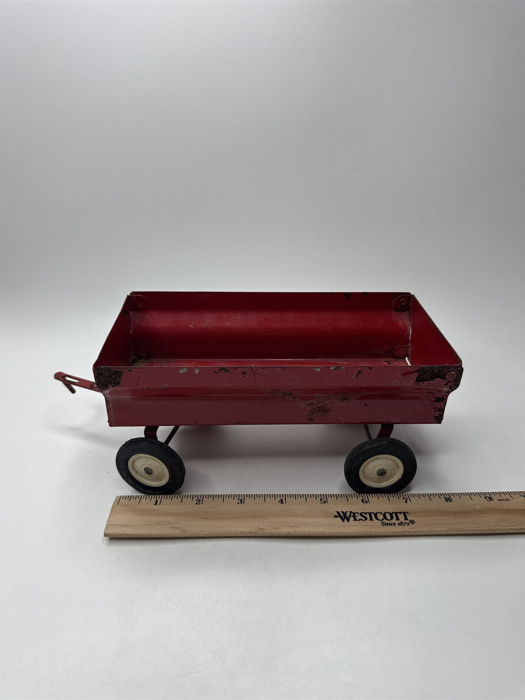 Vintage 8" Red Metal Toy Trailer Tow Truck Car Distressed Toy Cart