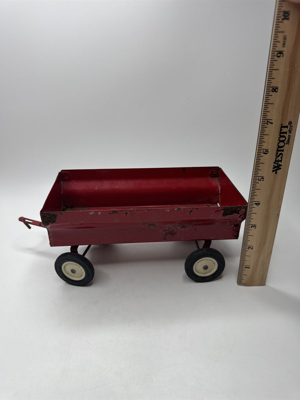 Vintage 8" Red Metal Toy Trailer Tow Truck Car Distressed Toy Cart