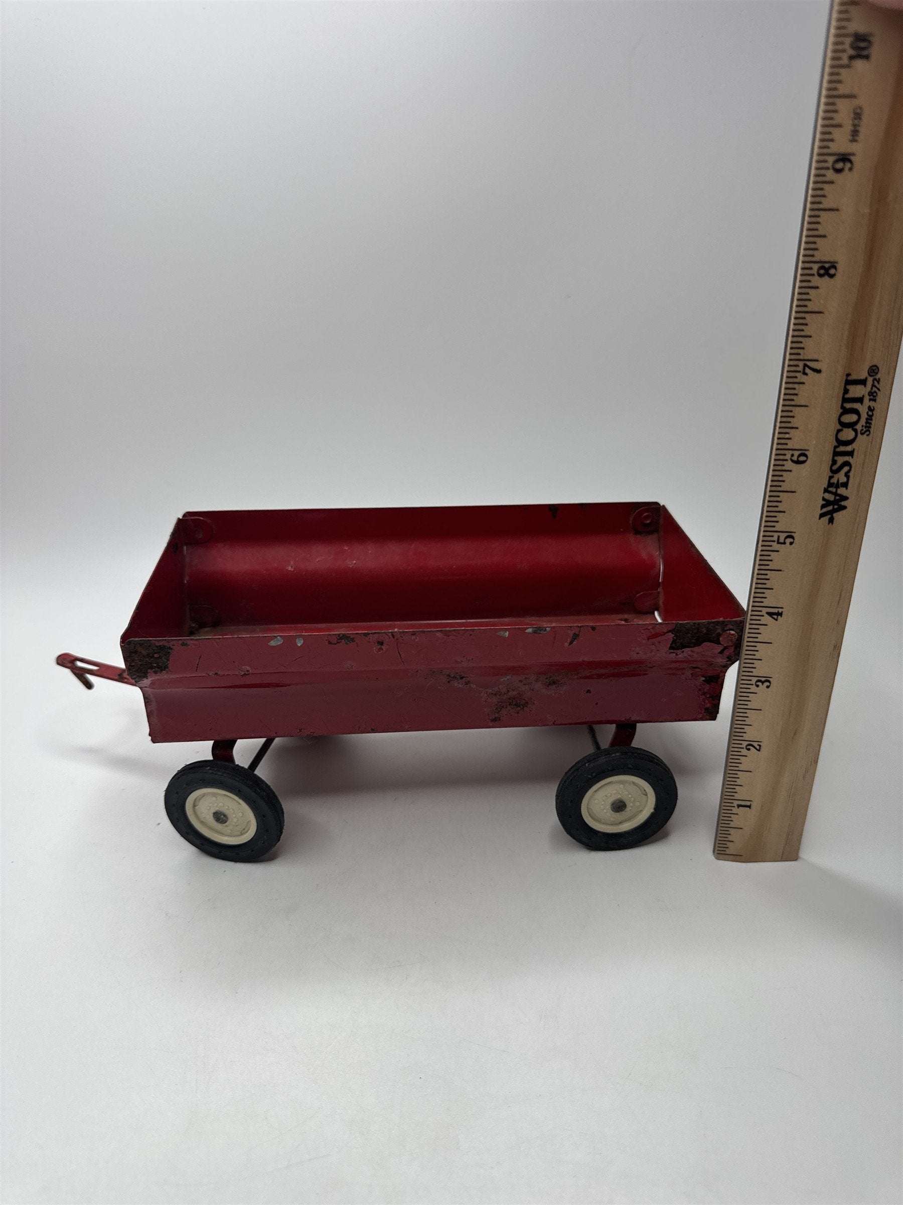 Vintage 8" Red Metal Toy Trailer Tow Truck Car Distressed Toy Cart