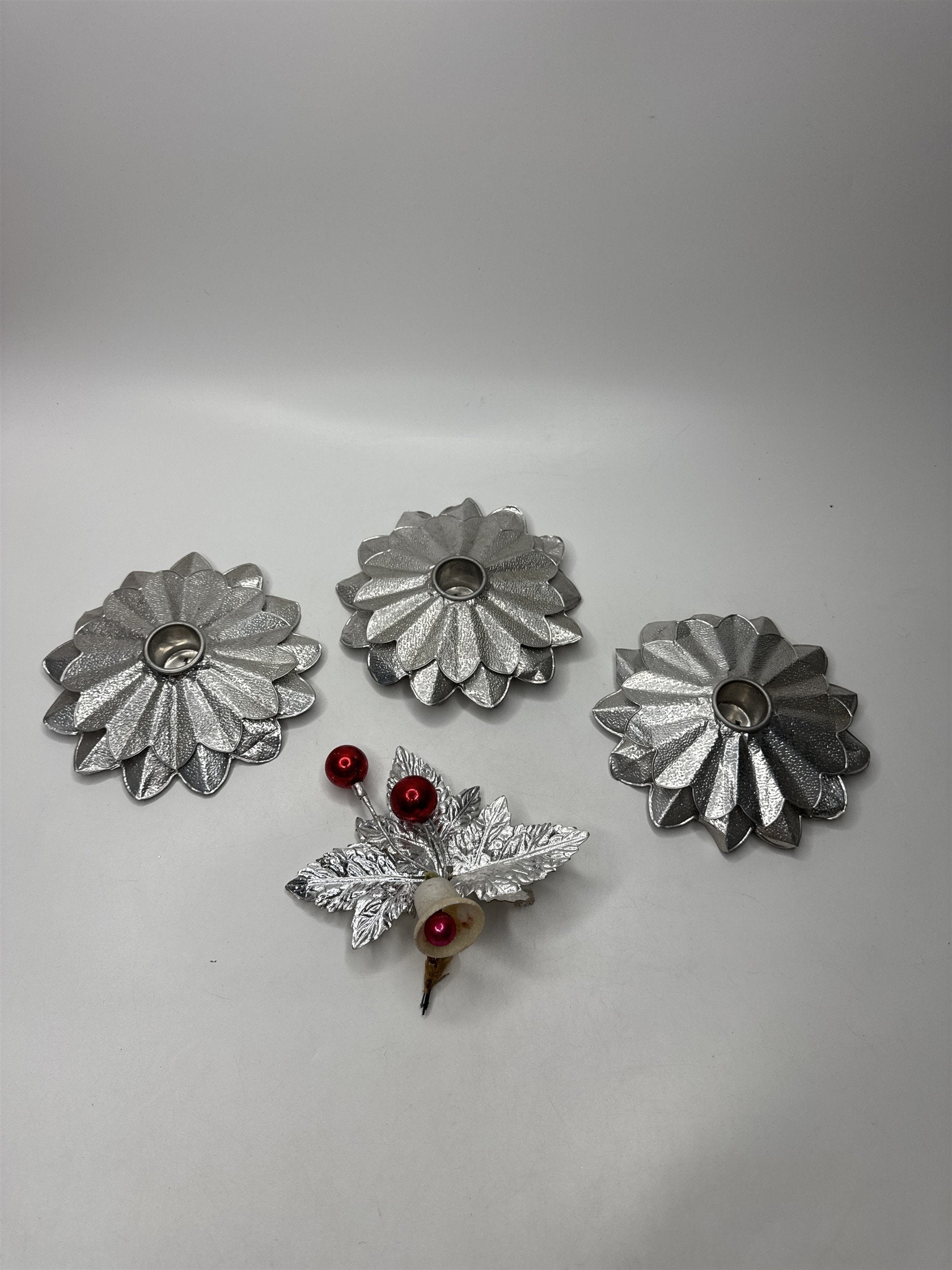Lot 3 Vintage Tin Reflective Christmas Candle Holders Tapers Flower Ornament