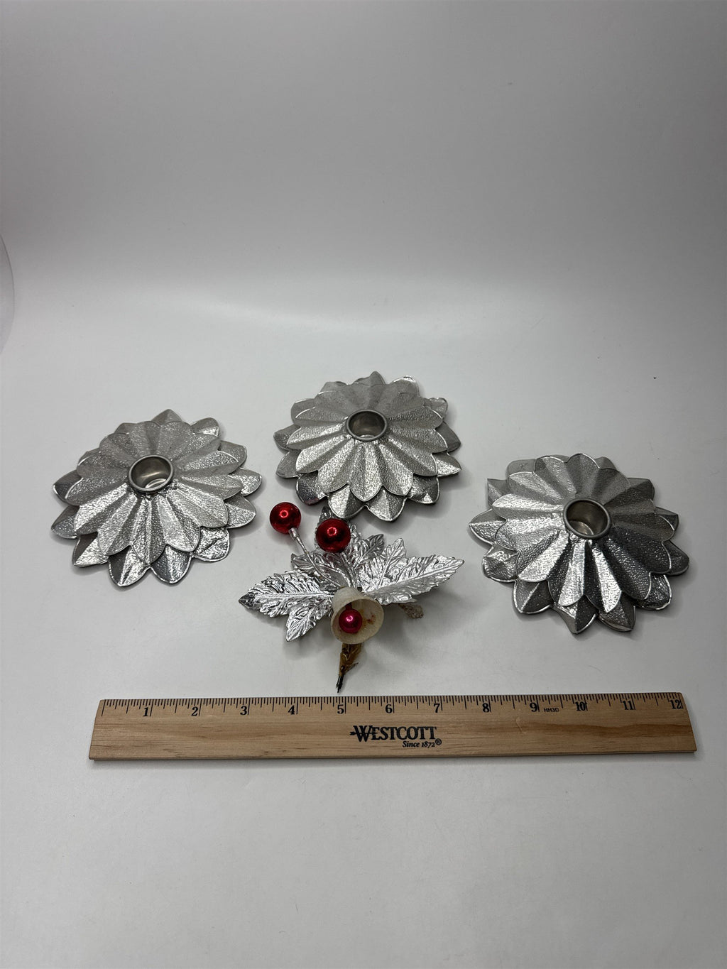 Lot 3 Vintage Tin Reflective Christmas Candle Holders Tapers Flower Ornament
