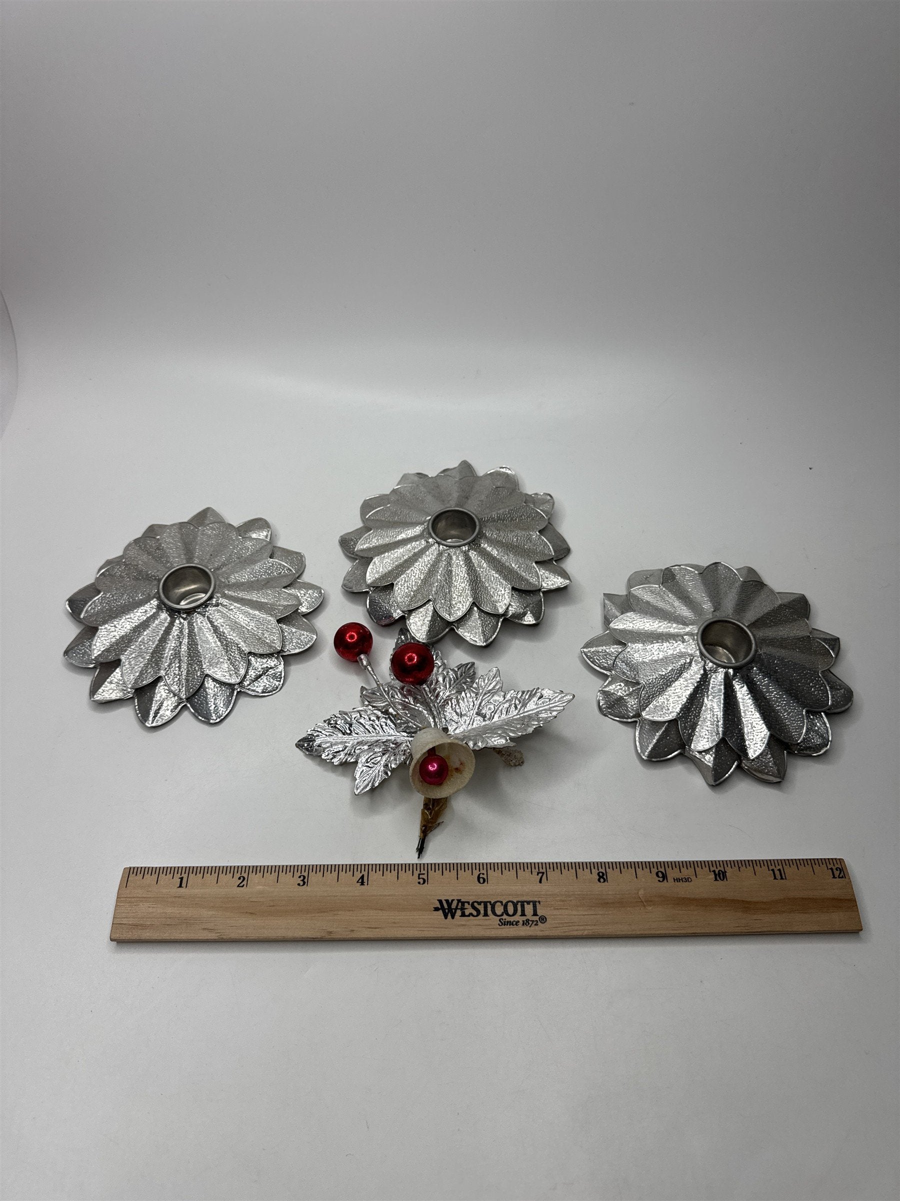 Lot 3 Vintage Tin Reflective Christmas Candle Holders Tapers Flower Ornament