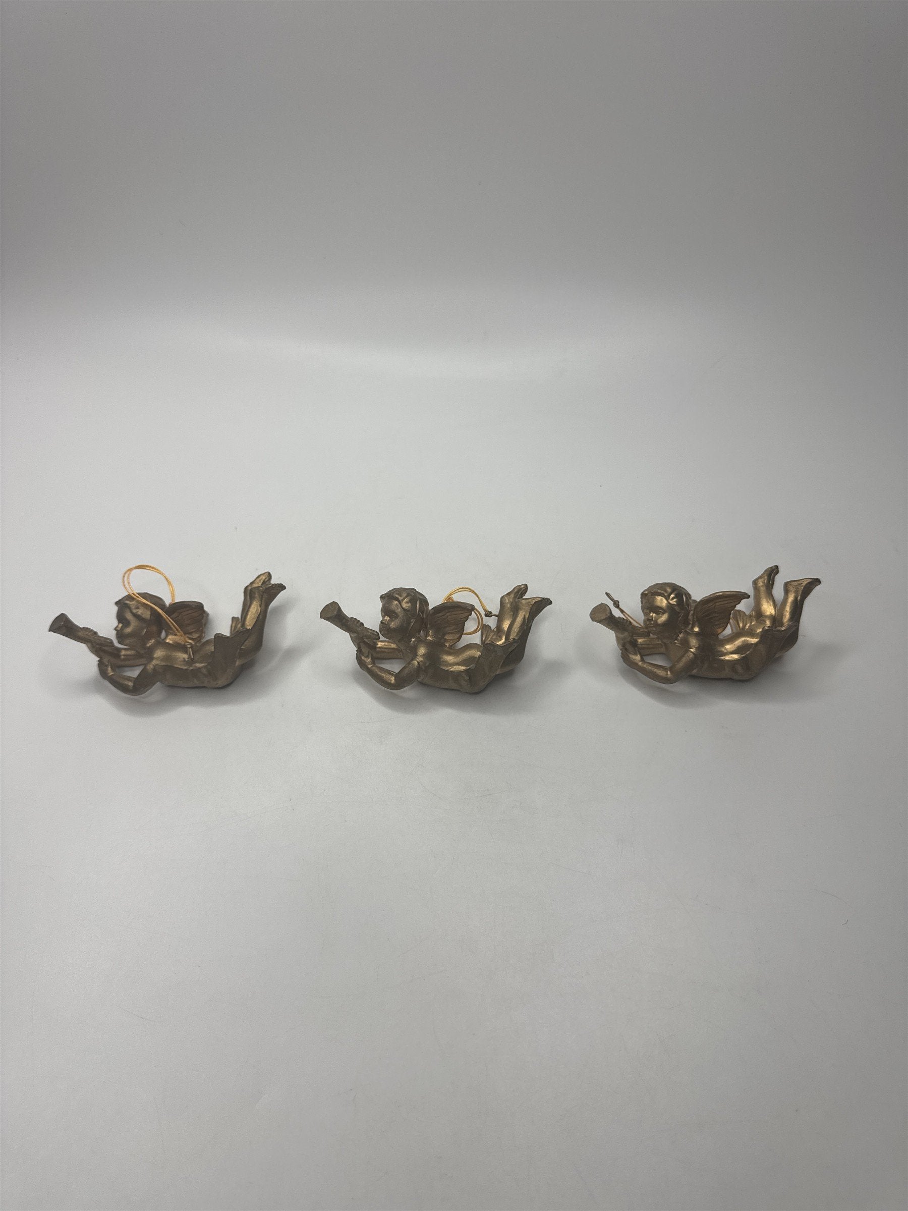 Vintage MCM Set 3 Gold Cherub Angel Trumpets Christmas Figural Kitsch