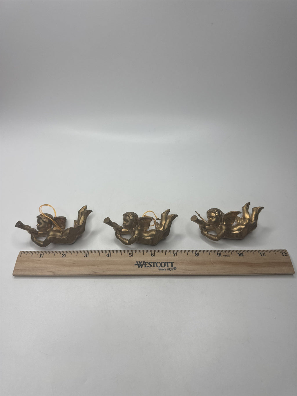Vintage MCM Set 3 Gold Cherub Angel Trumpets Christmas Figural Kitsch