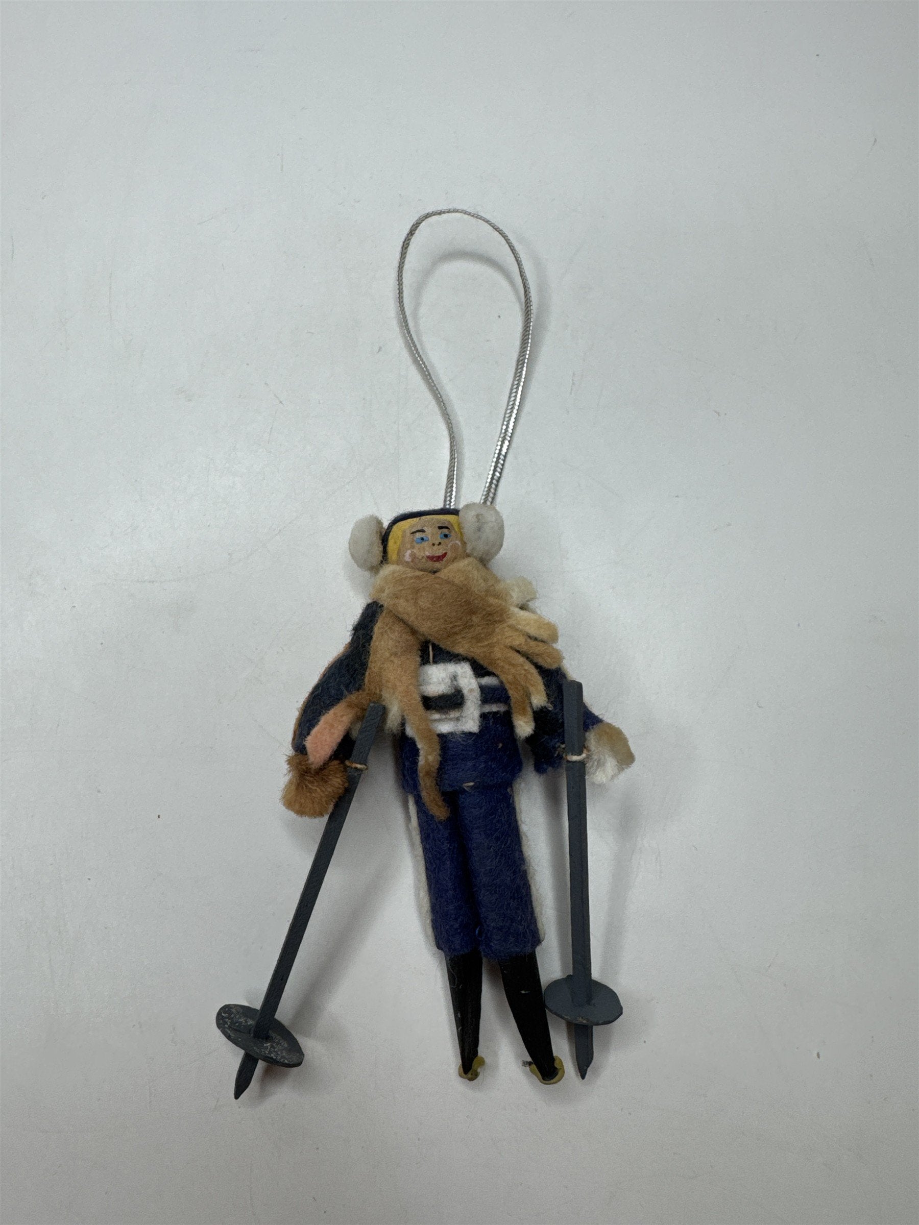 Vintage Skier Ornament Felt Wood Figural Christmas Holiday Winter Sports